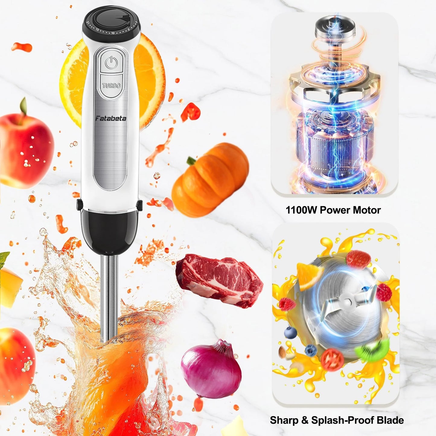 1100W Immersion Blender, 21-Speed Hand Blender with Turbo Mode, 5-In-1 Stick Blender for Smoothies, Baby Food, Soups, Purees, White