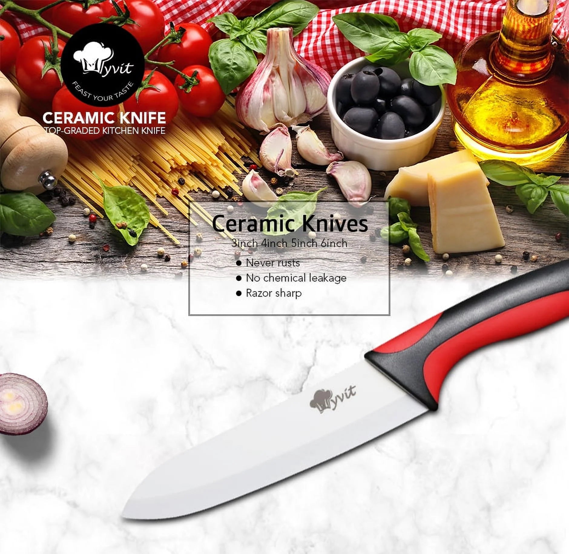 Myvit Ceramic Knives Set for Kitchen Rustproof Blade with Covers.6",5",4",3" in Paring Knife