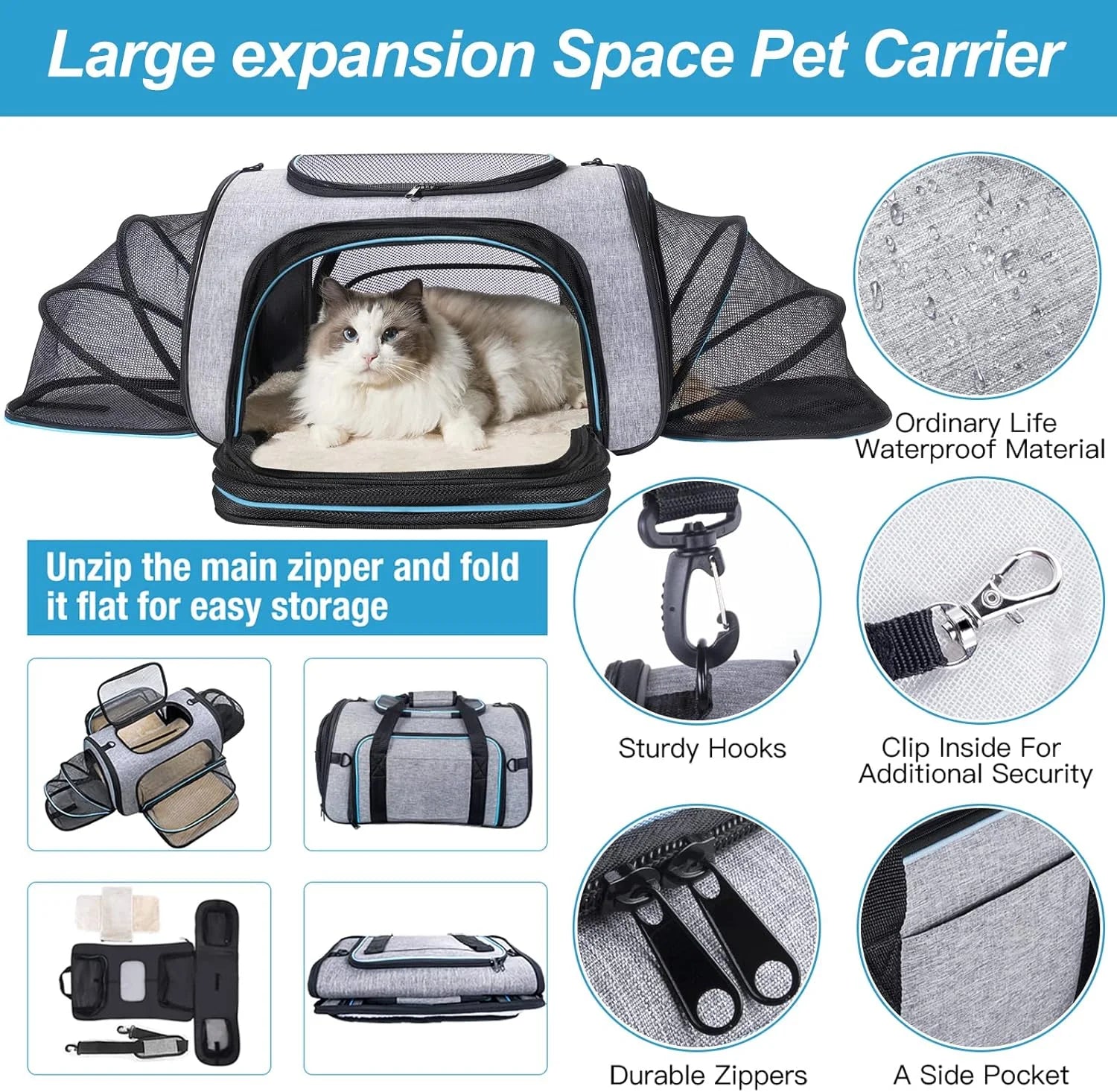 Airline-Approved Expandable Soft-Sided Pet Carrier with Removable Fleece Pad and Shoulder Strap, Blue, 15 lb Capacity (18" x 11" x 11")