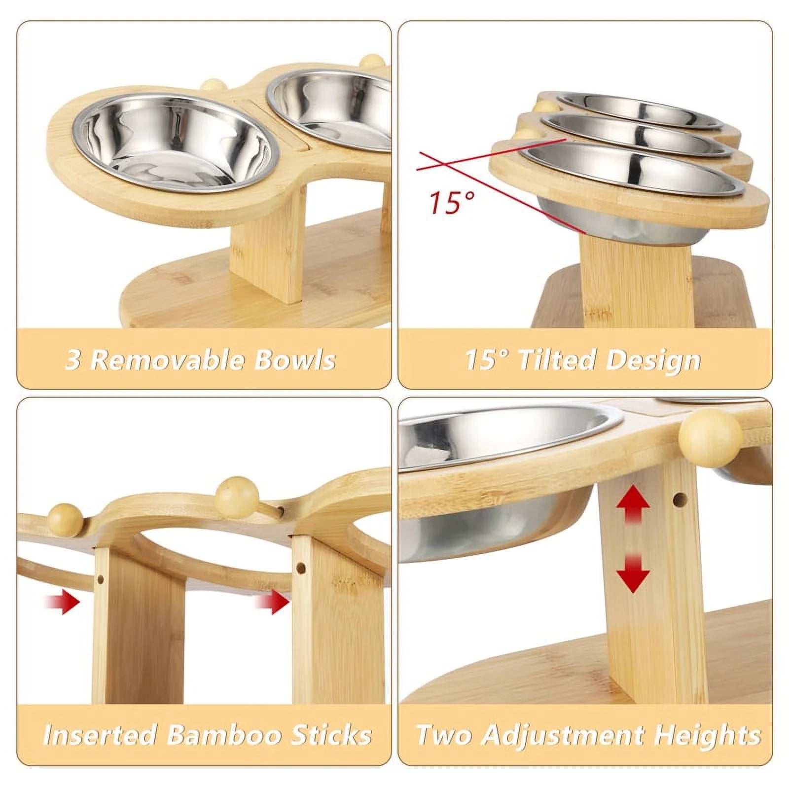 Wooden Elevated Cat Bowls, 15° Tilted Raised Pet Food Bowls, Adjustable Cat Dog Bowl Feeding Station with 3 Stainless Steel Bowls for Cats Puppy Small Dogs Feeder