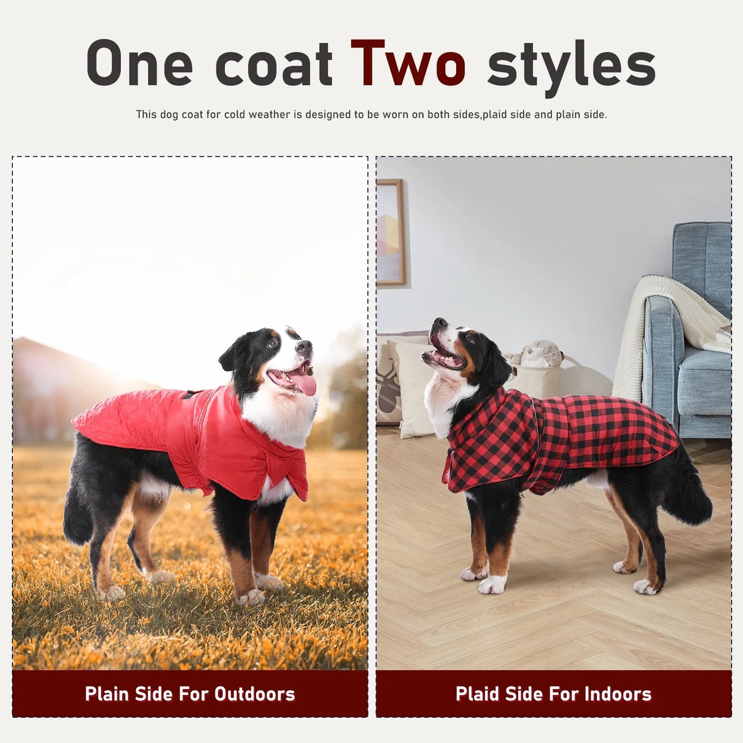 Reversible Plaid Winter Coat for Dogs – Warm Cold Weather Jacket (Sizes XS-3XL) in Red