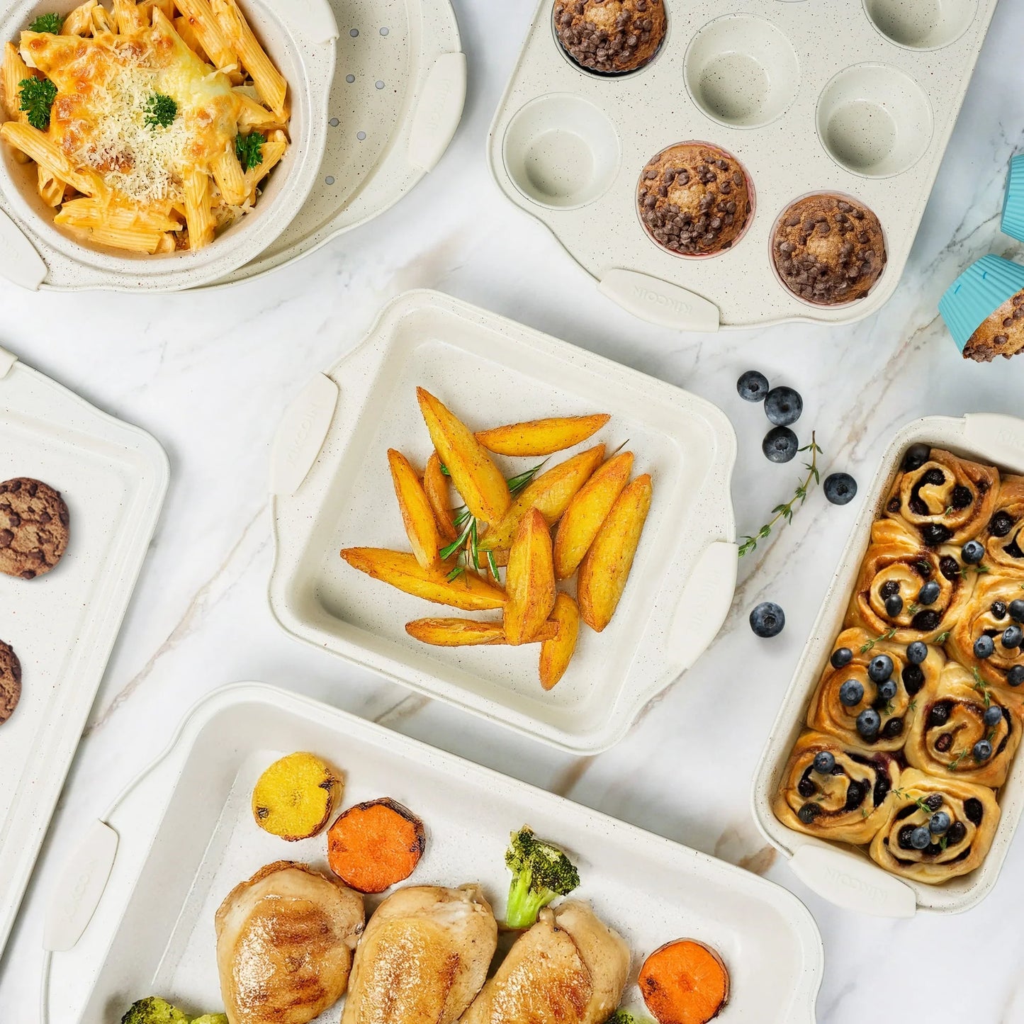 Bakeware Set, 21-Piece Baking Pans Set Kitchen Carbon Steel Baking Sheet Pans with Silicone Handles, Cookie Sheets Nonstick(Beige)