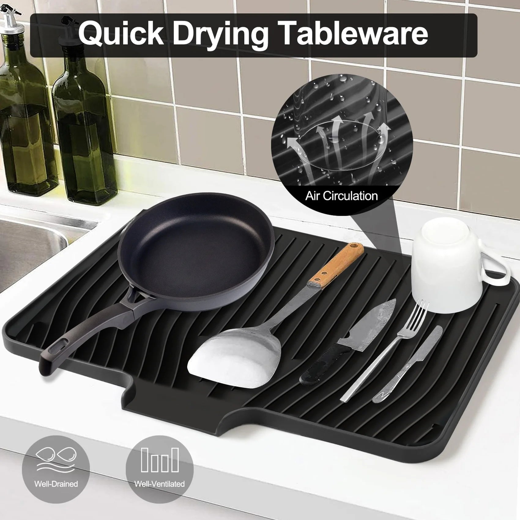 Silicone Dish Drying Mat with Drain Lip – Large 18.9"X13.8" Hygienic Counter Tray for Kitchen Sink, Easy to Clean, No Water Buildup