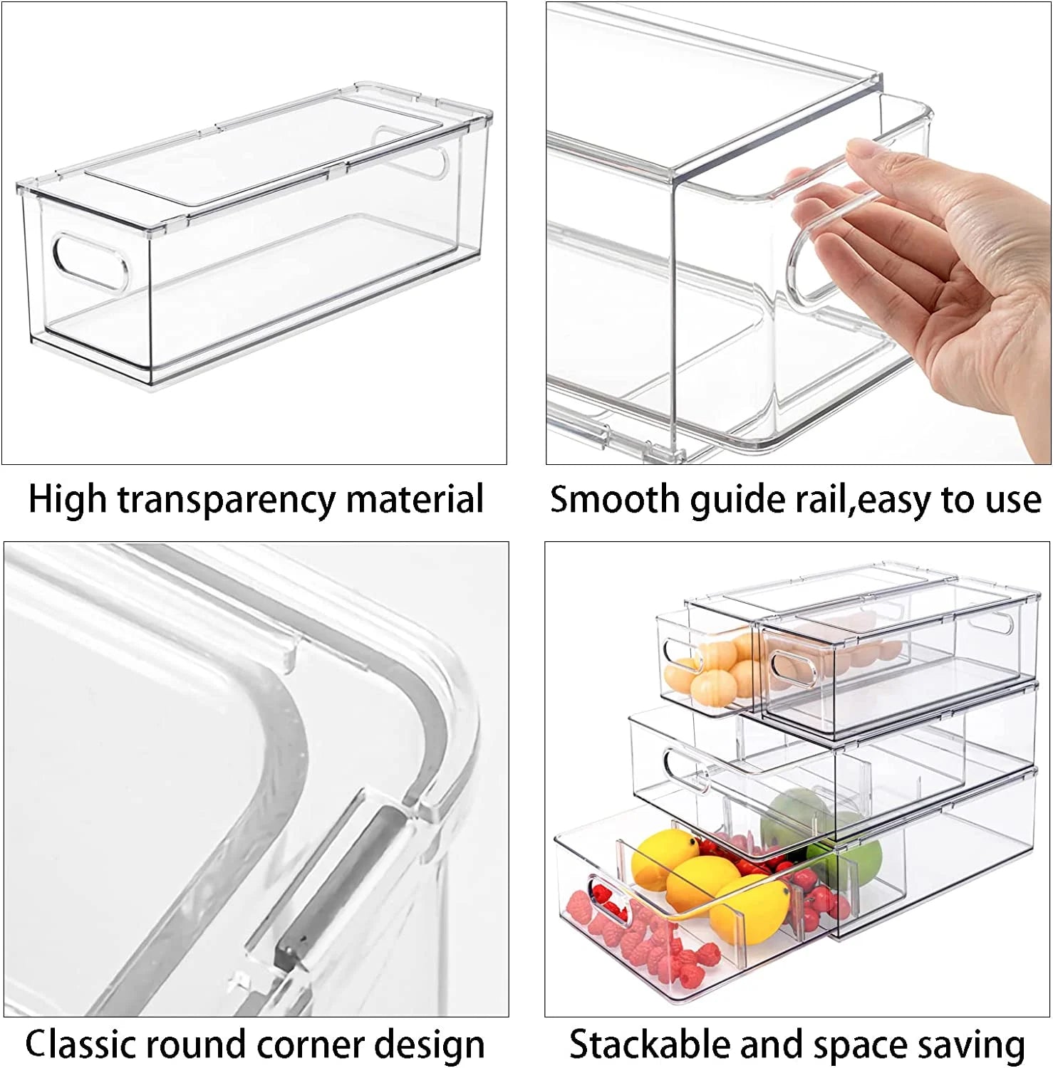 3 Pack Refrigerator Organizers and Storage with Pull-Out Drawer, Stackable Fridge Drawer Organizer Set with Handle, Bpa-Free Clear Storage Cases for Freezer, Cabinet, Kitchen, Pantry Organization