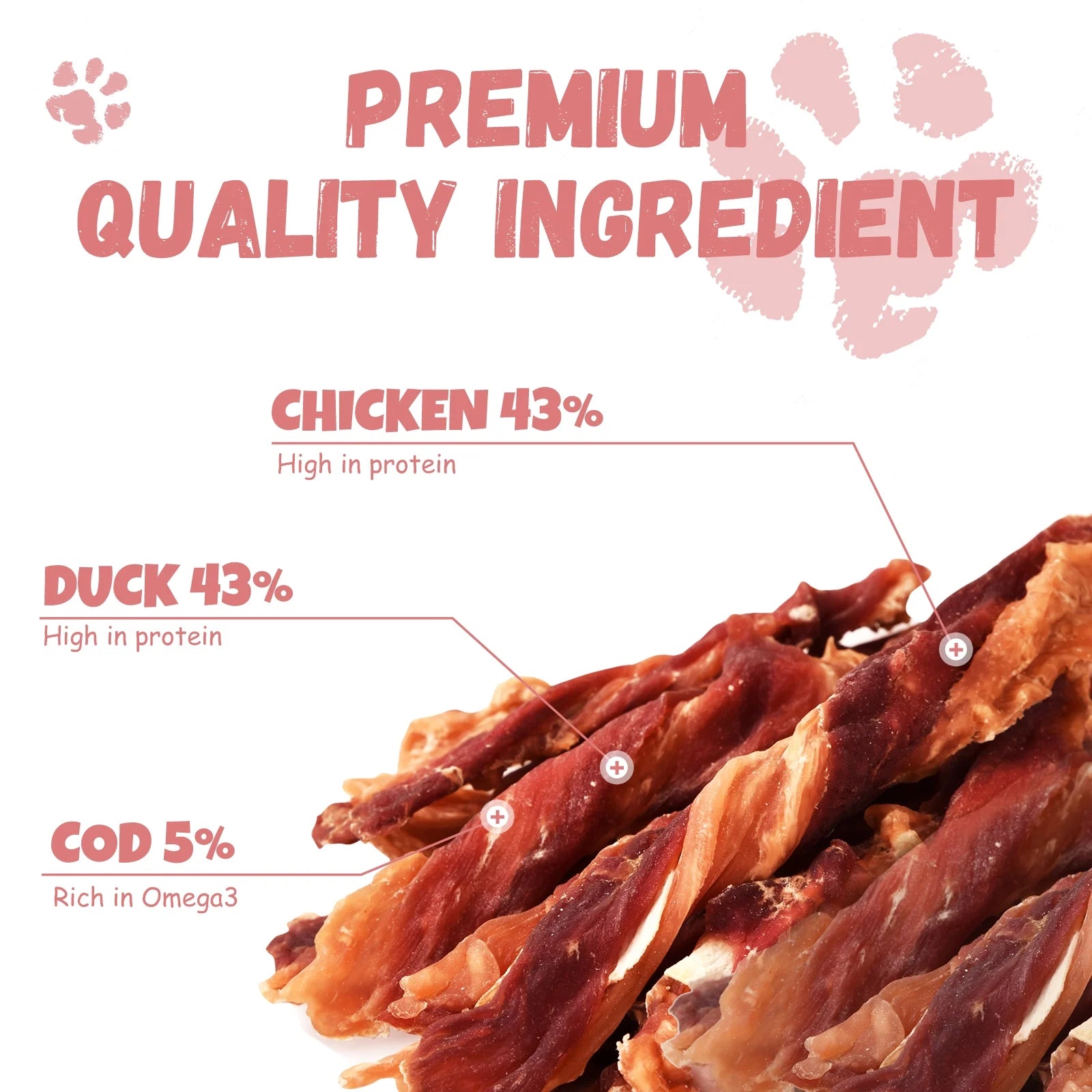 Premium Chicken, Duck, and Cod Jerky Dog Treats - Pure Meat Snacks for All Dogs, 28-29 Count