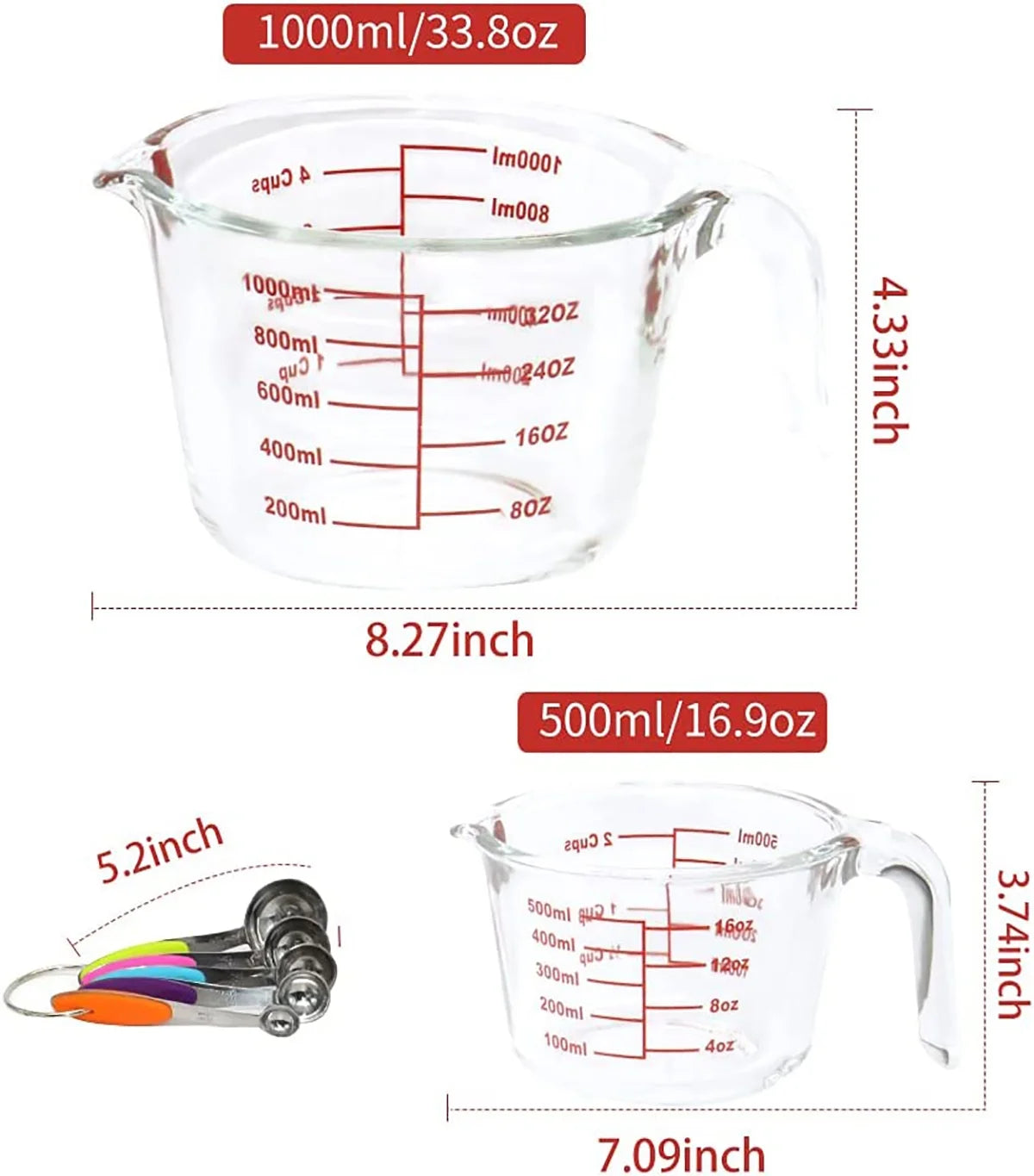 7-Pack Glass Measuring Cup Set 34 and 17 Oz Microwave, Freezer Safe, No BPA + 5 Measuring Spoons