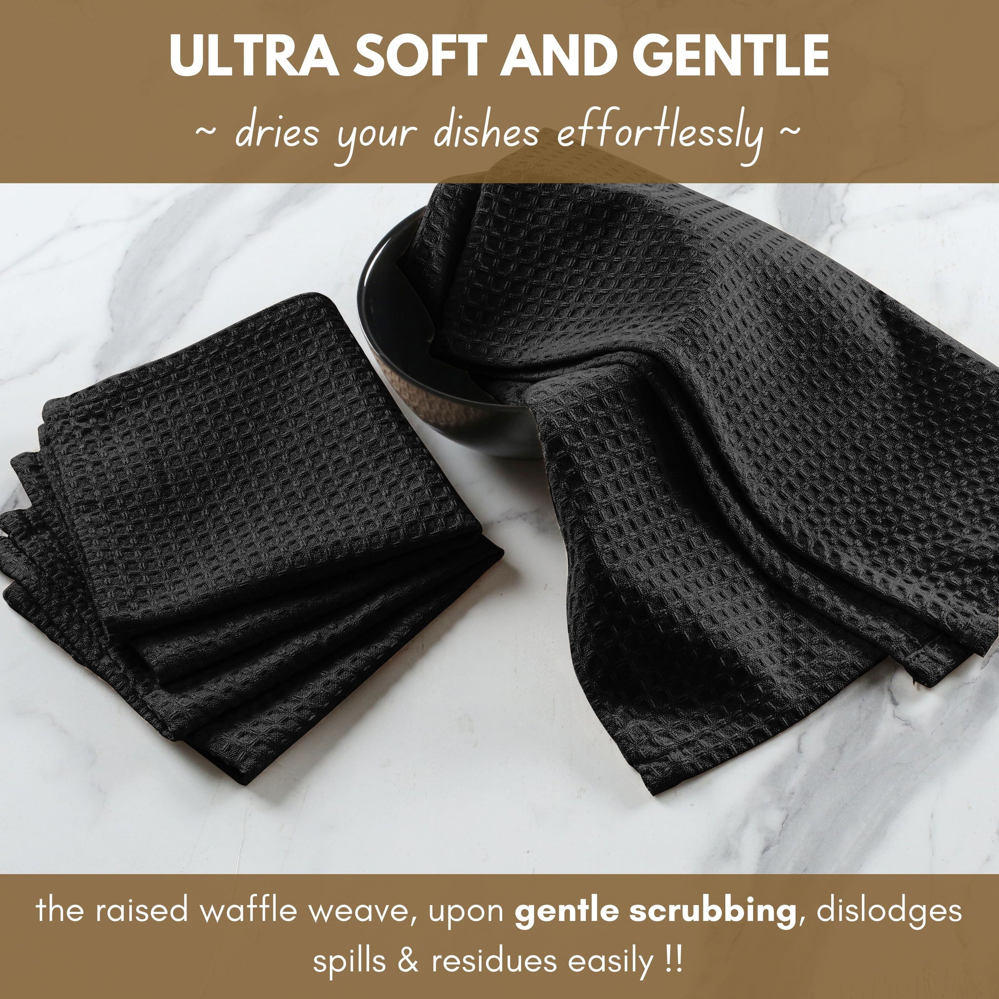 Native Fab Waffle Kitchen Towels 16X26 - Absorbent Cotton Dishcloths for Cleaning Set of 4 - Black