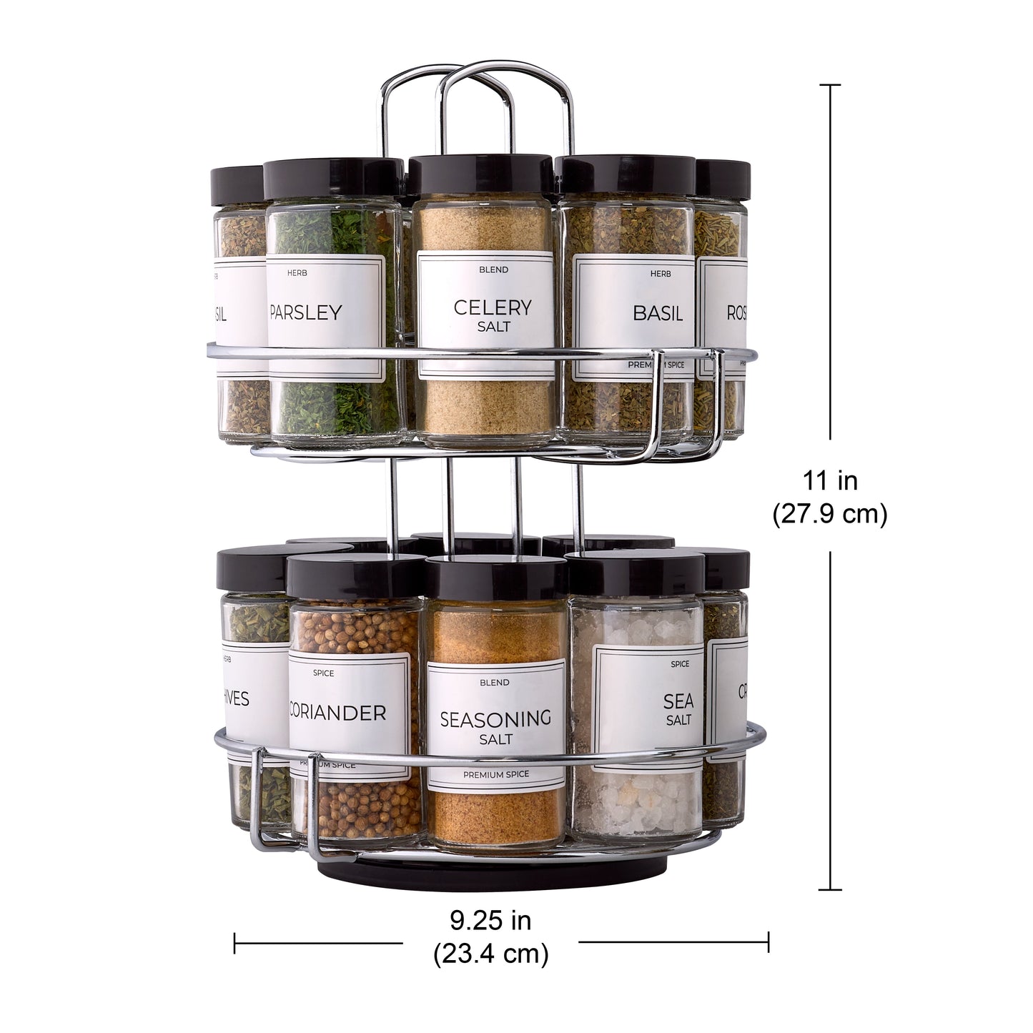 16-Jar Chrome Wire 2-Tier Revolving Filled Countertop Spice Rack & Organizer