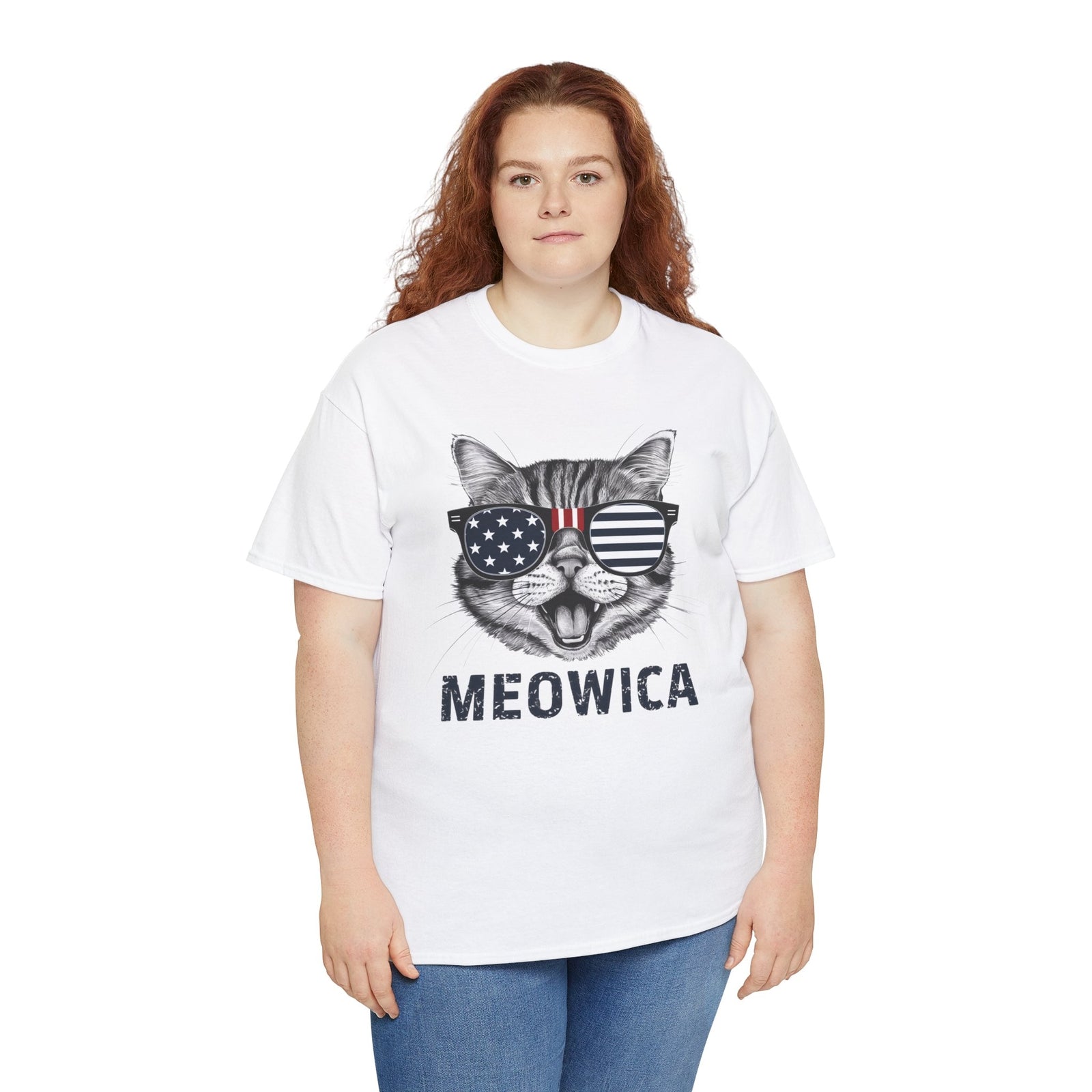 4Th of July Meowica American Flag USA T-Shirt - Novelty Cat Graphic Tee