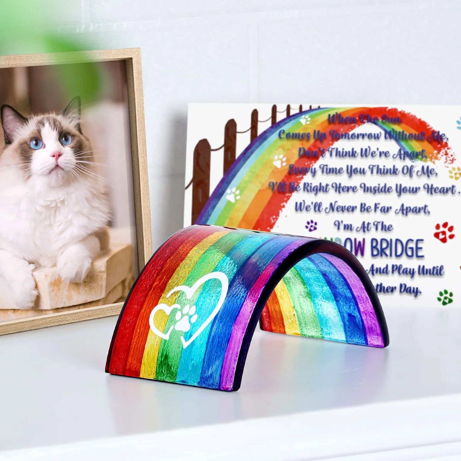 Rainbow Bridge Fused Glass 3D Colorful Bridge with Sympathy Card Memorial Gift for Dog Cat Guinea Pig Lover Pet Lost Present Sorry Gift Set of 2