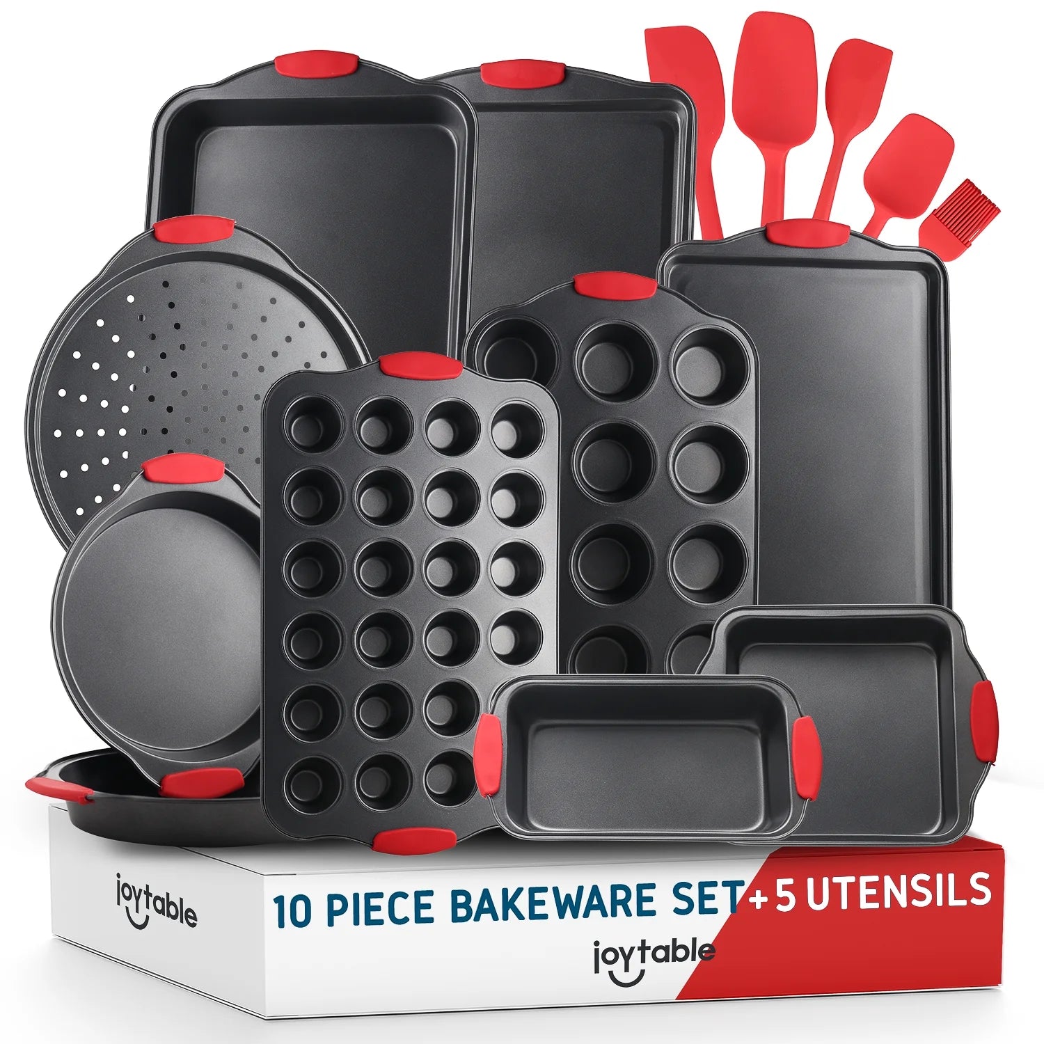Nonstick Bakeware Set - 15 PC Baking Pan Tray Set with Silicone Handles & Utensils, Baking Sheet, Carbon Steel Cookie Sheets, Baking Dish, Baking Pans, Black