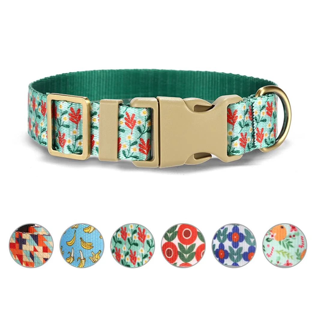 Stylish Dog Collar with Cyan Flower Pattern, Soft Nylon Design for Small to Large Dogs, Size S