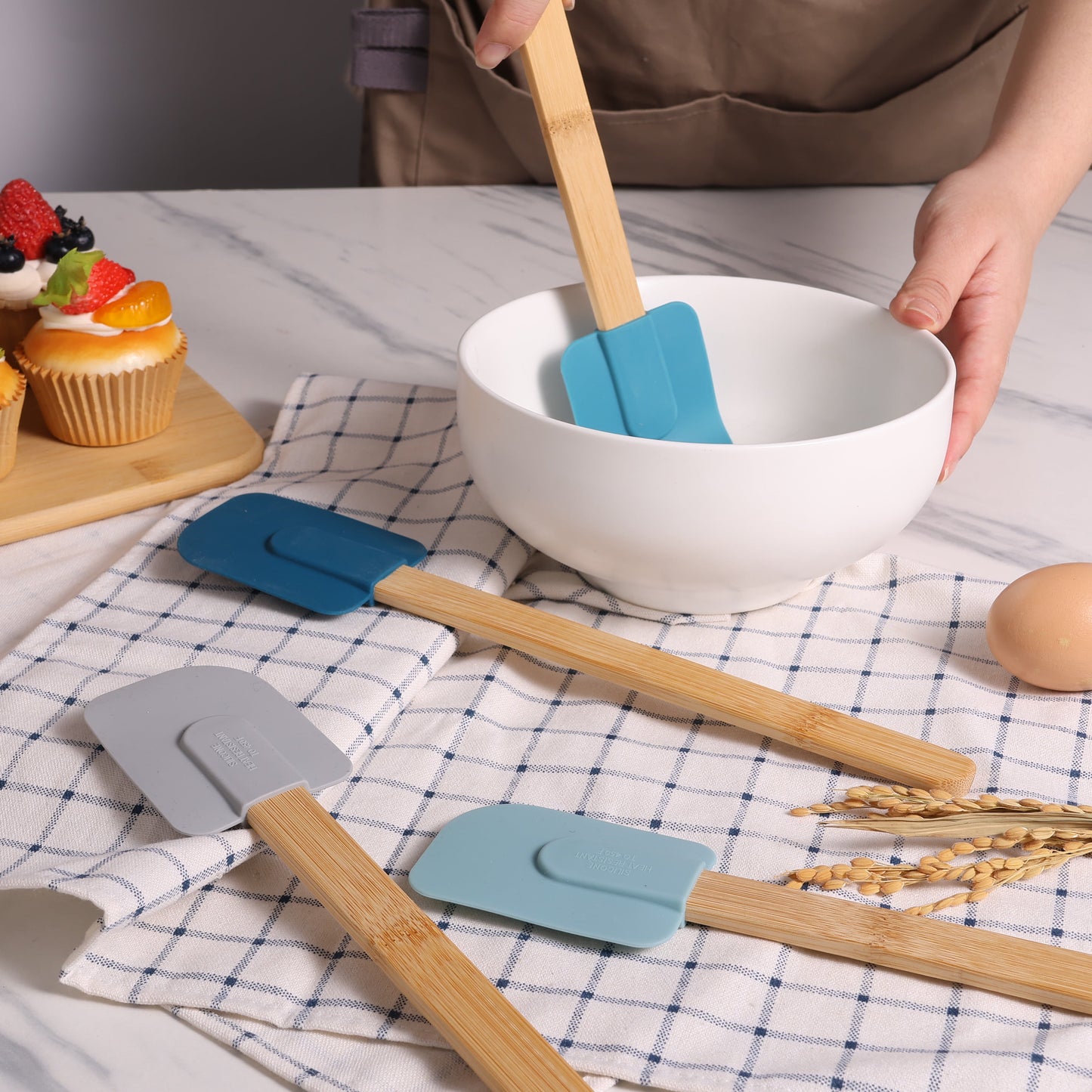 Colorful Silicone Spatulas Set 4 with Bamboo Handles, Blue