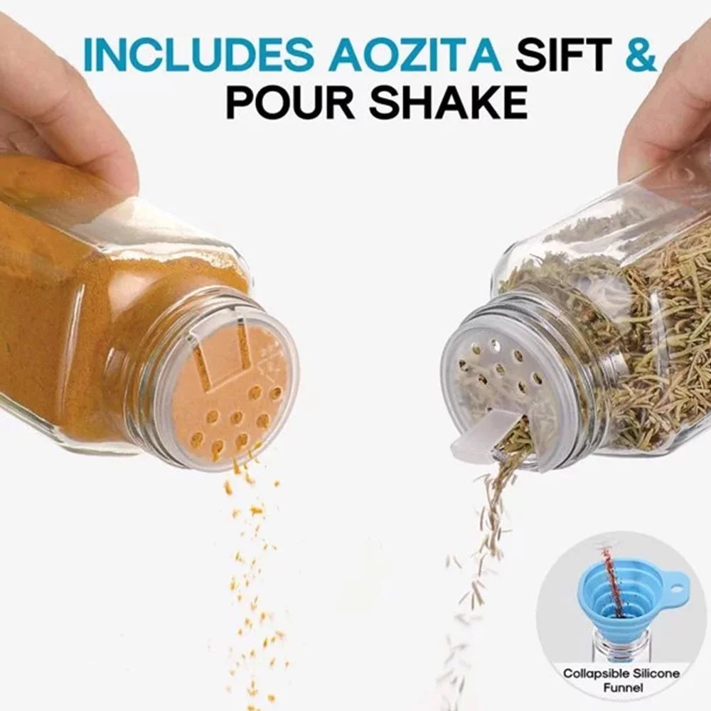 24 Pcs Glass Spice Jars/Bottles - 4Oz Empty Square Spice Containers with 8 Spice Labels - Shaker Lids and Airtight Metal Caps