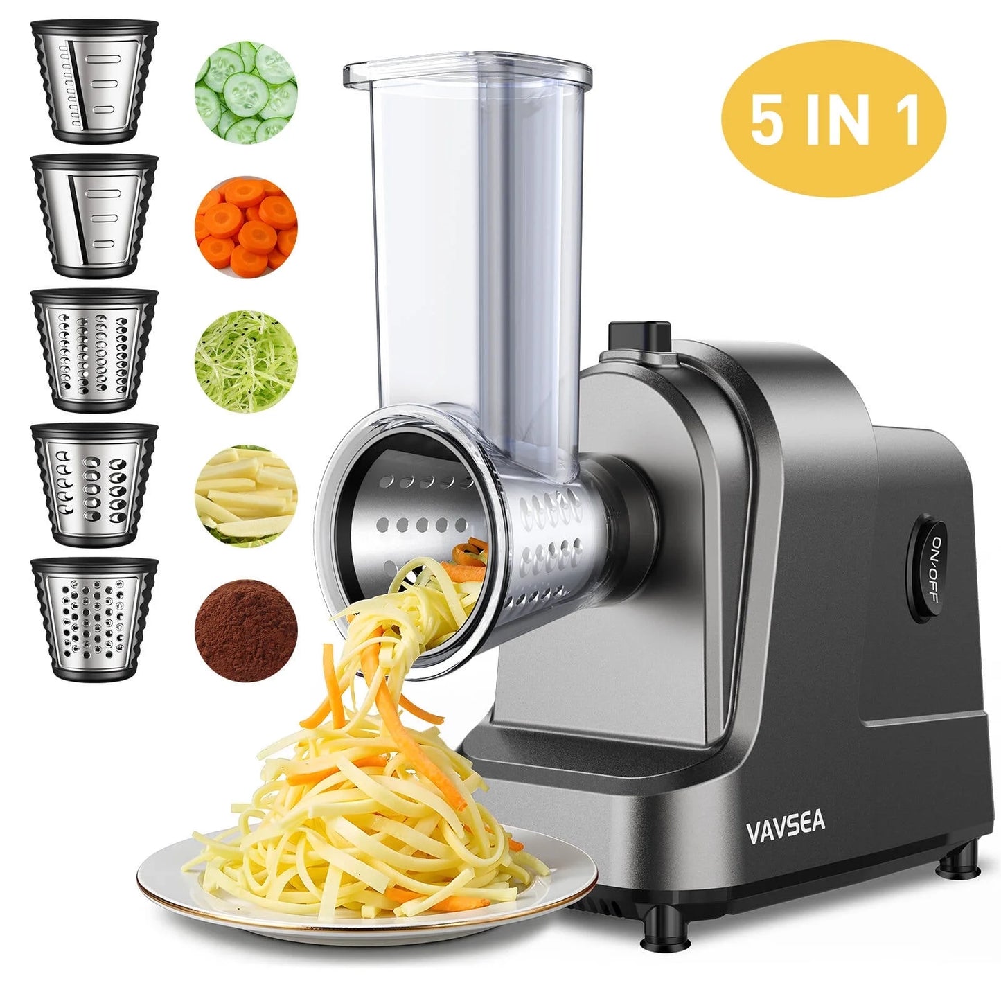 5-In-1 Electric Cheese Grater, 400W Electric Cheese Shredder with 5 Stainless Blades, Salad Maker with One-Touch Control for Cheese, Vegetables and Fruits