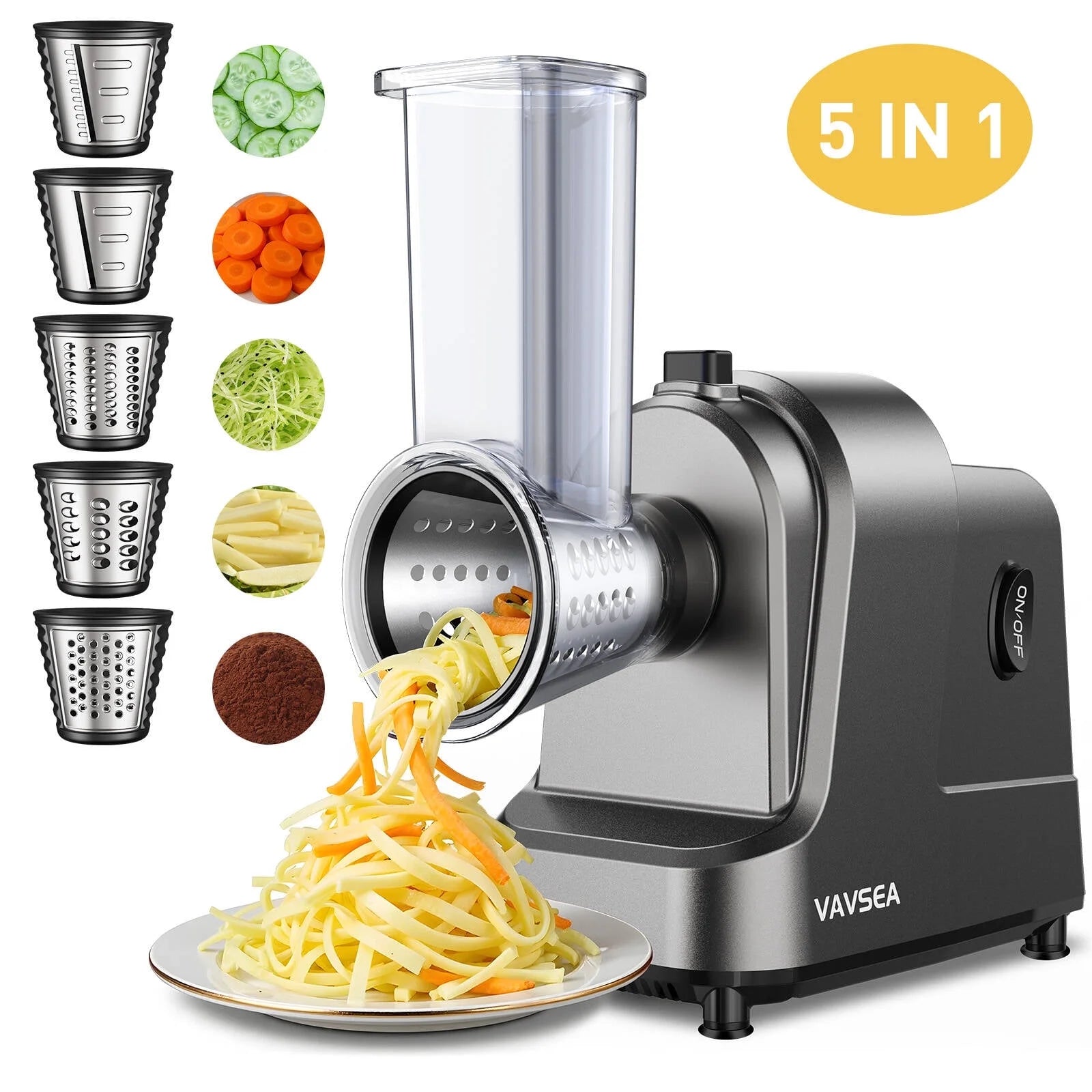 5-In-1 Electric Cheese Grater, 400W Electric Cheese Shredder with 5 Stainless Blades, Salad Maker with One-Touch Control for Cheese, Vegetables and Fruits