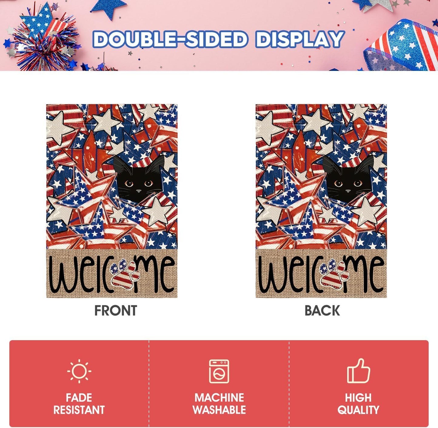 Patriotic 4Th of July Garden Flag 12X18 Inch Double Sided Outside, Black Cat Ame