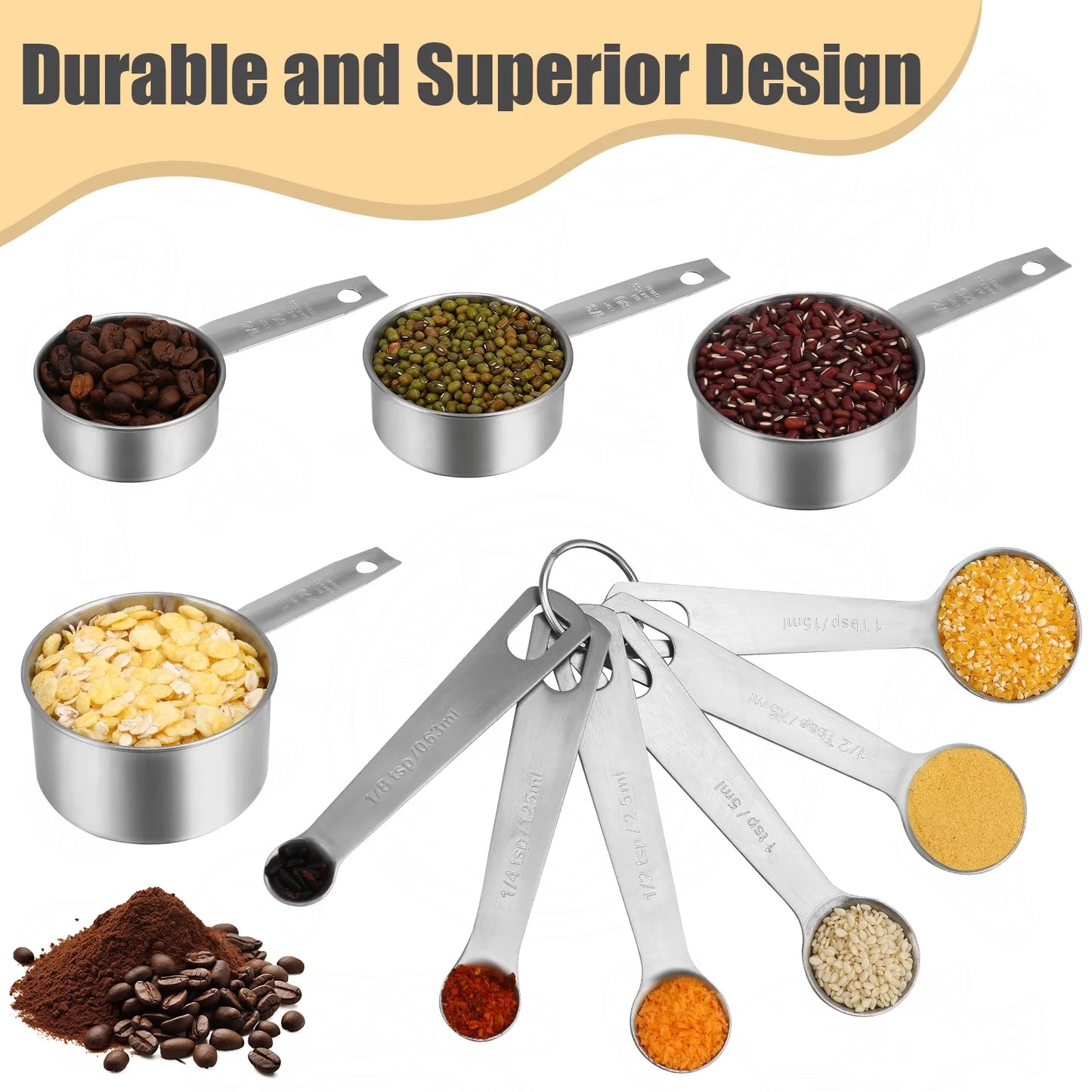 14-Piece Measuring Cups and Spoons Set, Nesting Stainless Steel Measuring Cups Spoons with Plastic Measuring Cup for Dry and Liquid Ingredients, Kitchen Cooking & Baking Gadgets