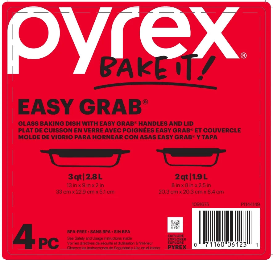 Easy Grab 4-Piece Glass Bakeware Set with Red Lids