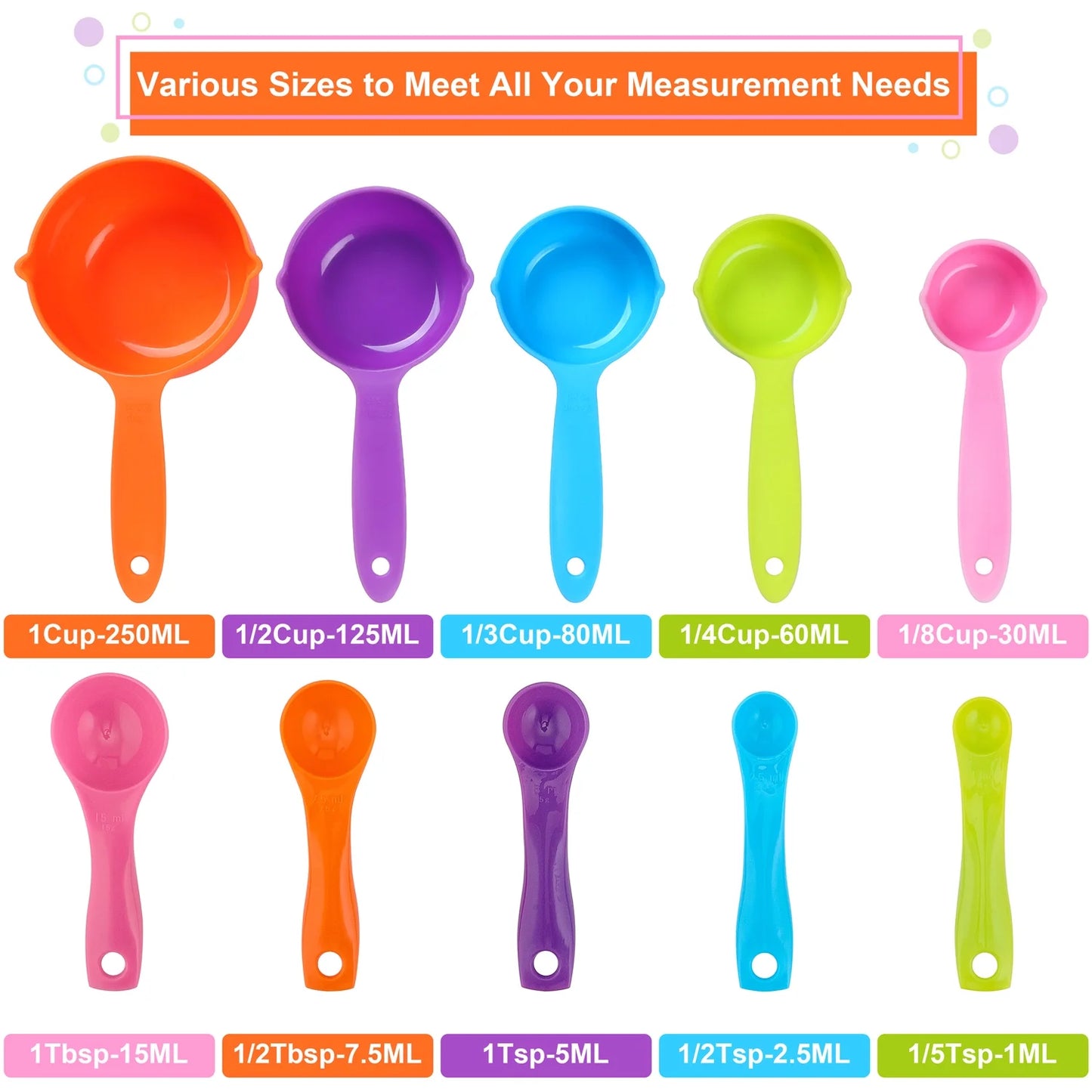 Measuring Cups and Spoons Set, 10-Piece Plastic Kitchen Measuring Set for Dry and Liquid Ingredient, Nesting Kitchen Gadgets for Cooking & Baking - Random Color