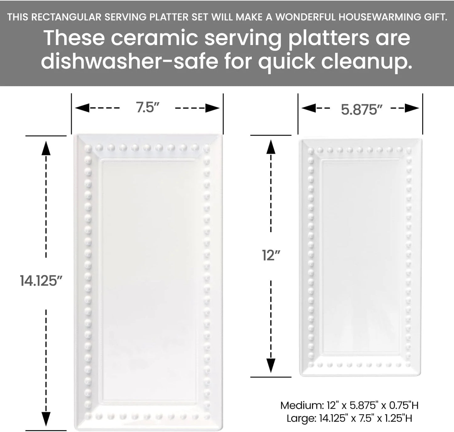 Large White Ceramic Rectangular Serving Platter Set, 2-Pack, 14" and 12"