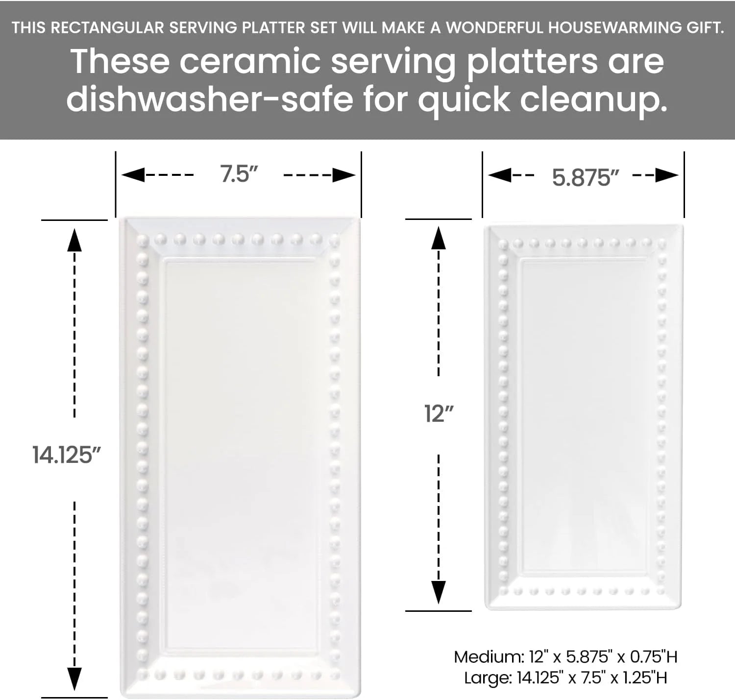 Large White Ceramic Rectangular Serving Platter Set, 2-Pack, 14" and 12"