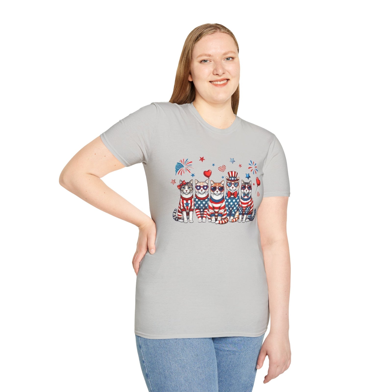 Patriotic Cat Unisex Softstyle T-Shirt for Fourth of July Celebrations
