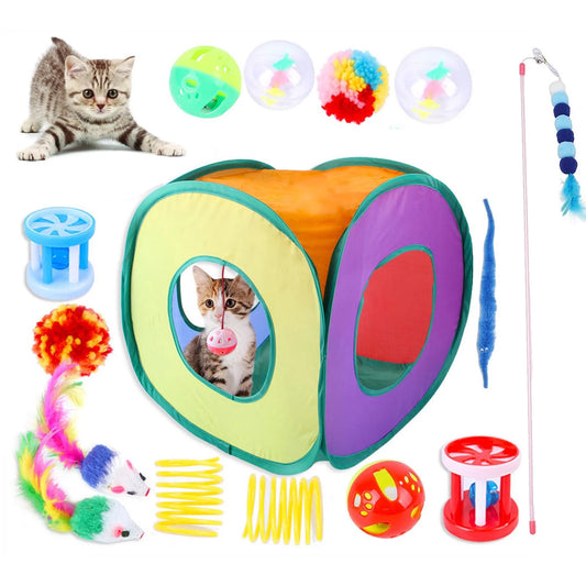15-Piece Interactive Cat Toys Set - Includes Tunnel, Teaser Stick, Colorful Plush Mice, and Bell Balls for Kittens and Cats