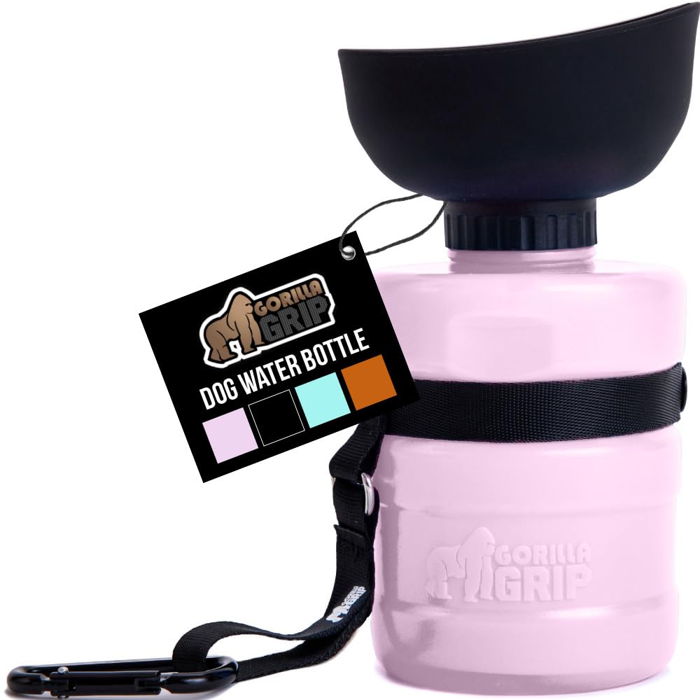 GORILLA GRIP Dog Water Bottle, Portable Water Bowl Dispenser for Dogs, 12 oz Leak Proof Pet Travel Squeeze Bottles, Food Grade Silicone, to Go Puppy Essentials, Hiking Camping Trip Accessories, Pink
