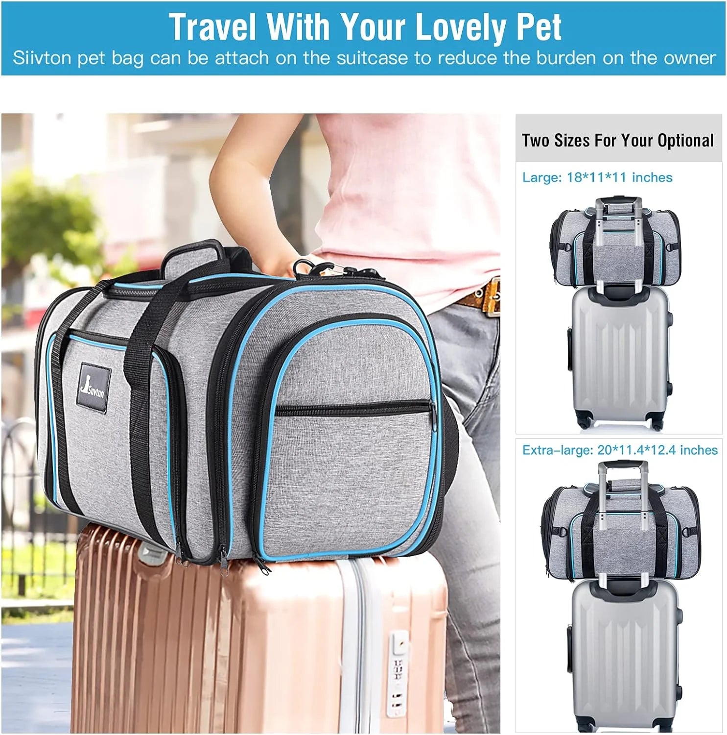 Airline-Approved Expandable Soft-Sided Pet Carrier with Removable Fleece Pad and Shoulder Strap, Blue, 15 lb Capacity (18" x 11" x 11")