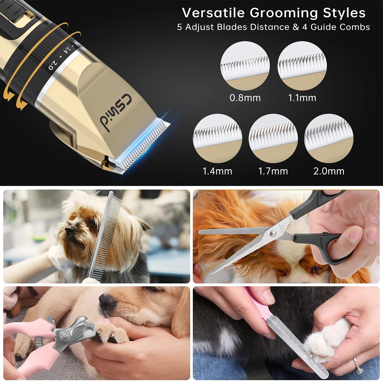 Dog Hair Clippers, Professional LED Display Dog Grooming Kit, Cordless Quiet Pets Clippers Hair Trimmer, Low Noise Dog Shaver Clipper with 4 Comb Guides, 5 Size Fine Tuning Knob for Thick Coats Cats