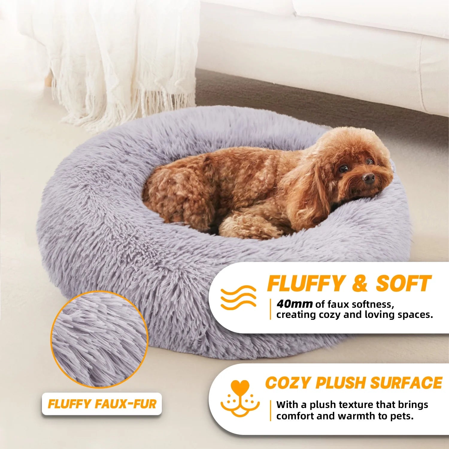 Calming Donut Dog Bed - 20" x 20" x 8", Plush Anti-Anxiety Round Pet Bed for Small Dogs and Medium/Large Cats, Washable with Anti-Slip Bottom, Light Gray