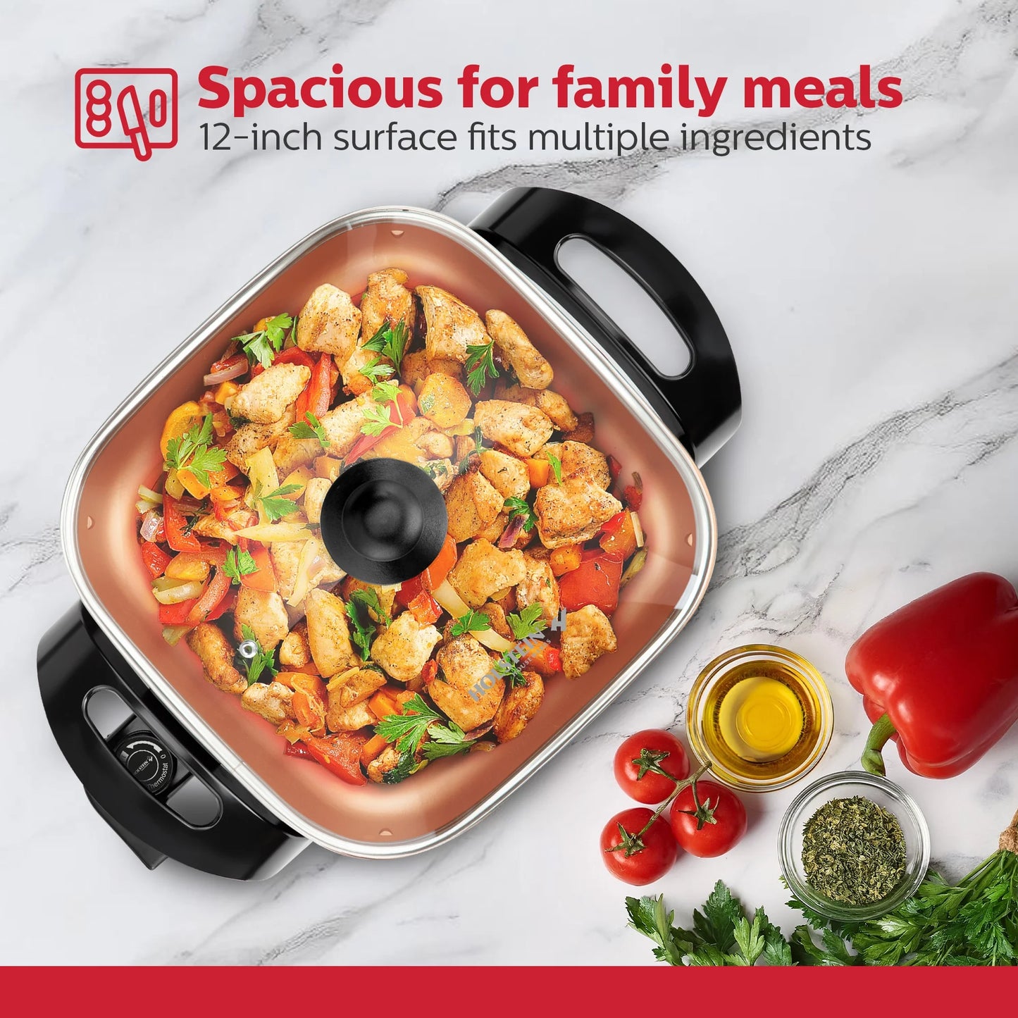 12-Inch Electric Skillet with Non-Stick Coating, Glass Lid, and Removable Probe, Copper and Black