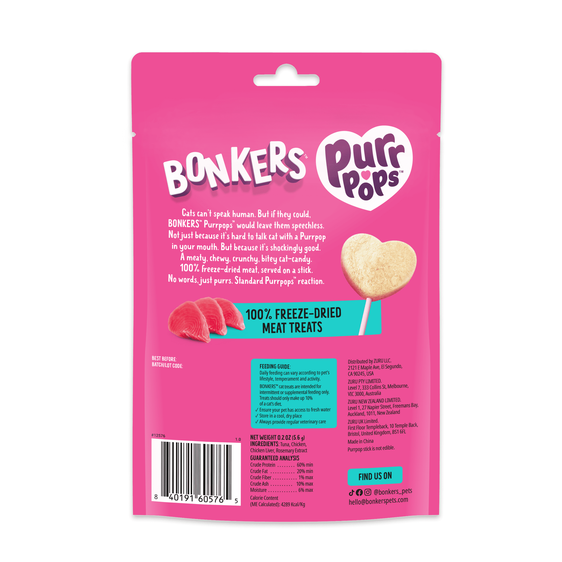 Purrpops Freeze-Dried Tuna Flavored Cat Treats, 4-Piece Pouch