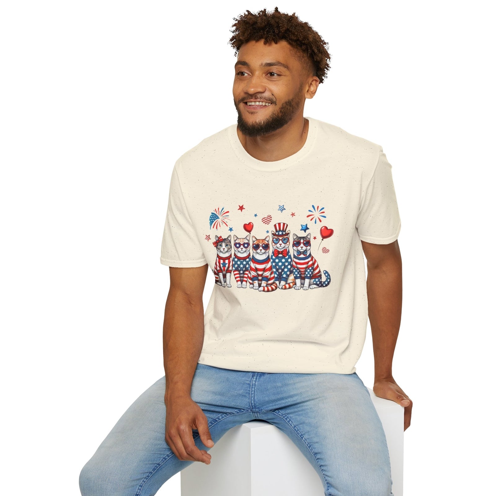 Patriotic Cat Unisex Softstyle T-Shirt for Fourth of July Celebrations