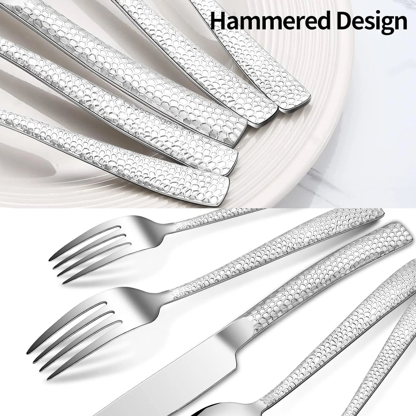 20-Piece Hammered Stainless Steel Flatware Set for 6 - Food-Grade Square Edge Cutlery W/Mirror Finish | Dishwasher Safe Tableware Service