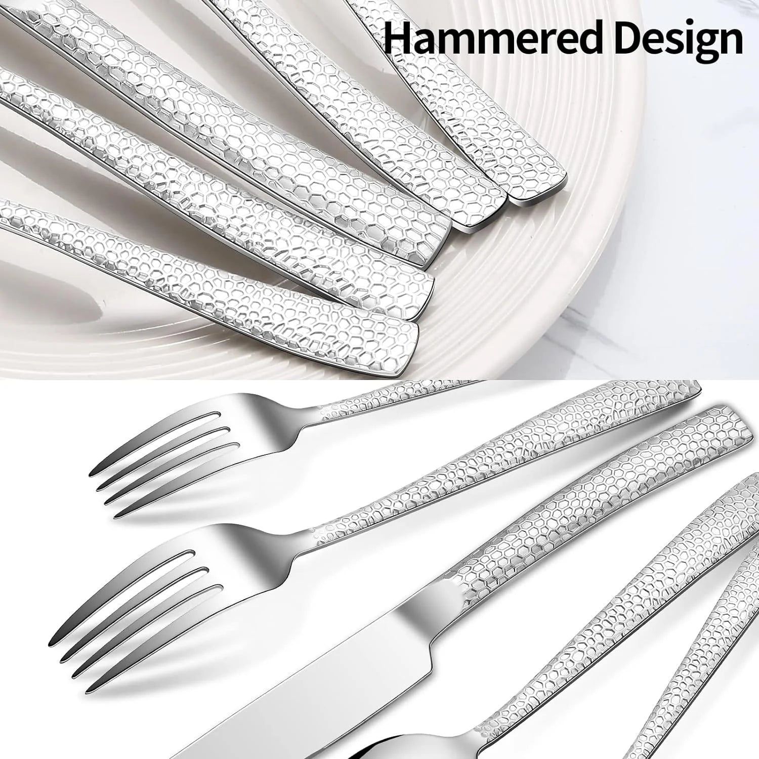 20-Piece Hammered Stainless Steel Flatware Set for 6 - Food-Grade Square Edge Cutlery W/Mirror Finish | Dishwasher Safe Tableware Service
