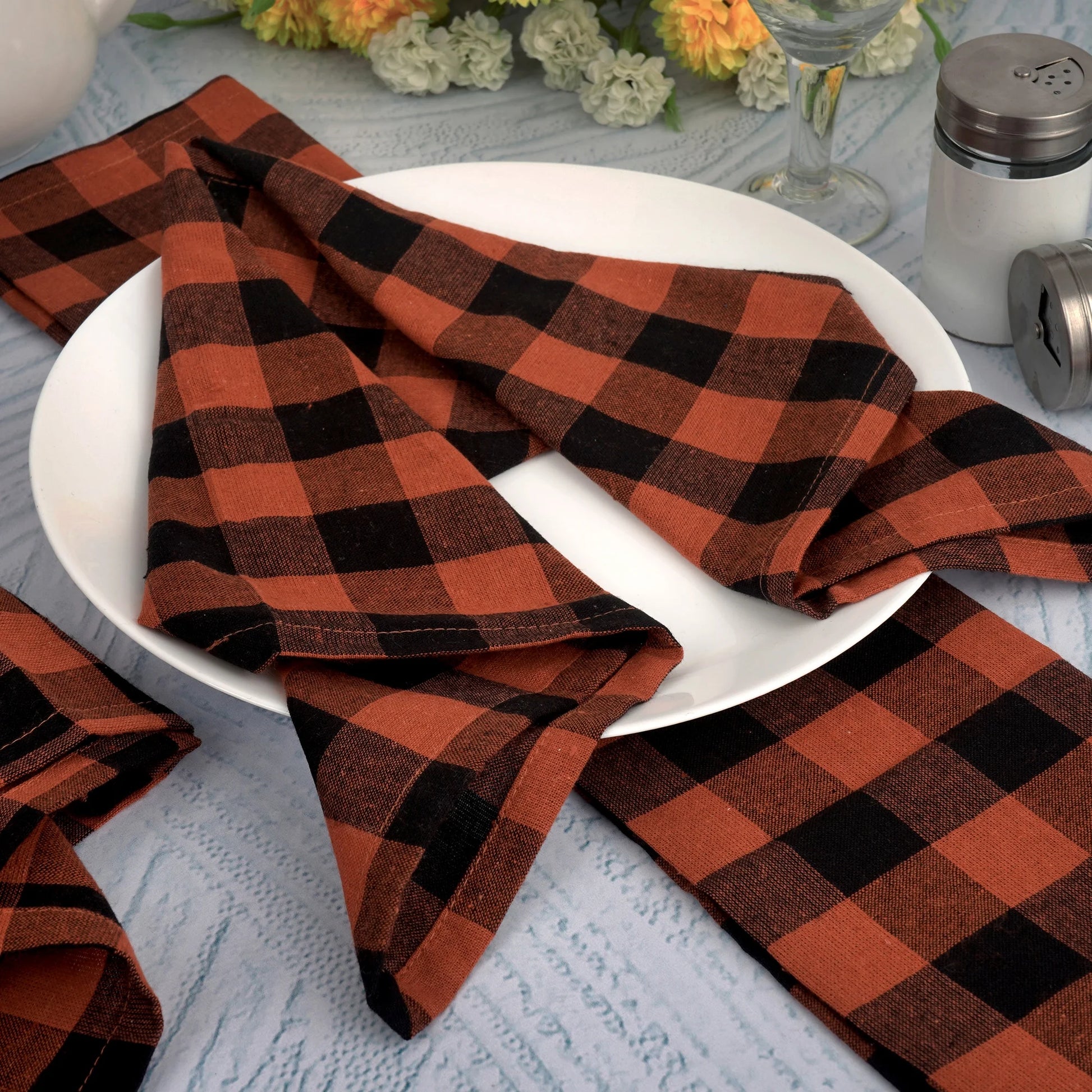 Dinner Cloth Napkins, Everyday Use, Soft and Well Absorbent Cotton Buffalo Plaid Table Napkins, 12 Pack, 20X20 Rust and Black