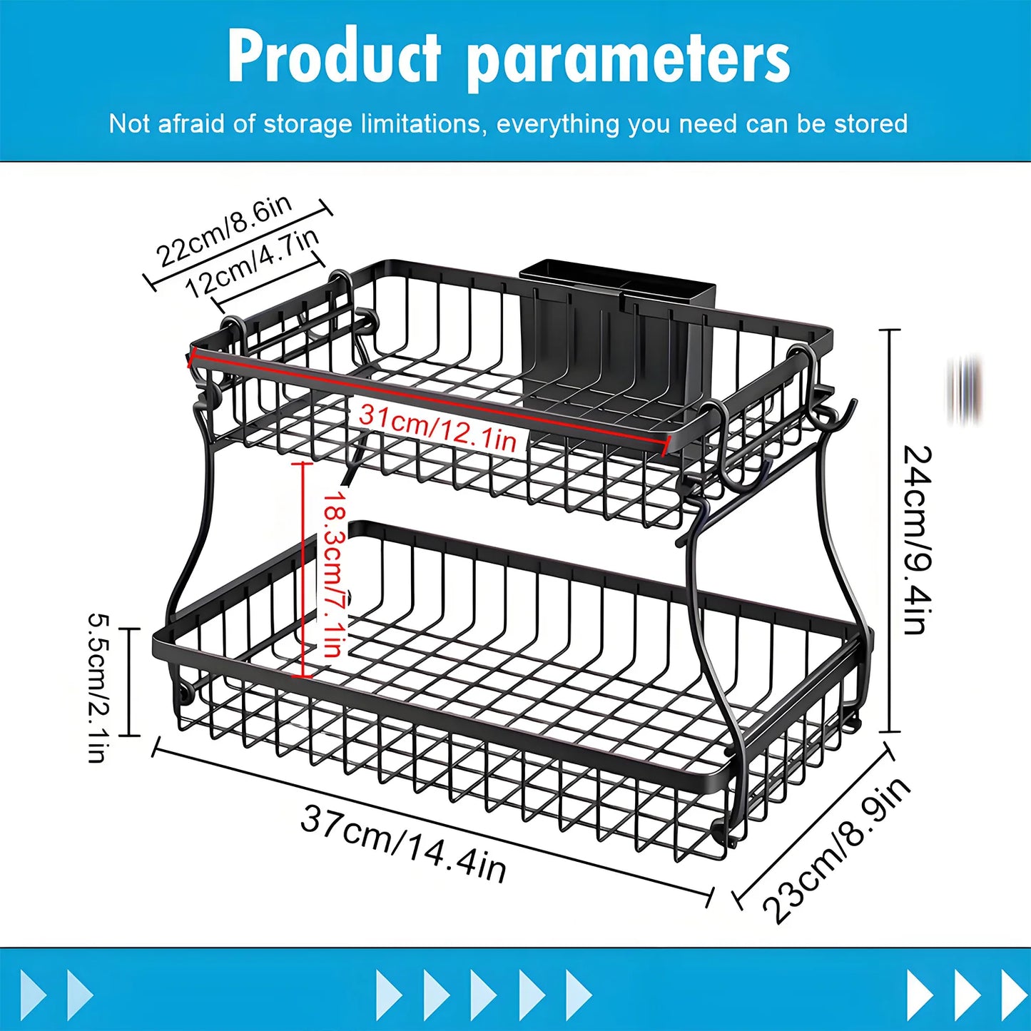 2-Tier Countertop Fruit Basket - Black Metal Organizer W/4 Banana Hooks & Knife Holder, 10X3X16In for Kitchen/Dining Room