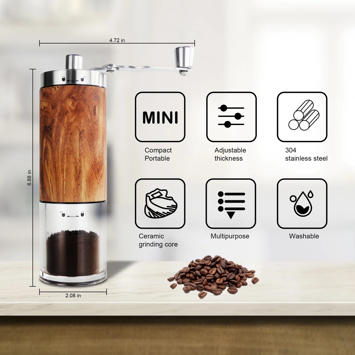 Manual Coffee Grinder Portable Coffee Bean Mill Grinders with Ceramic Burr, 304 Stainless Steel Hand Crank - Fine Coarse Adjustable - for Outdoor, Travel, Espresso