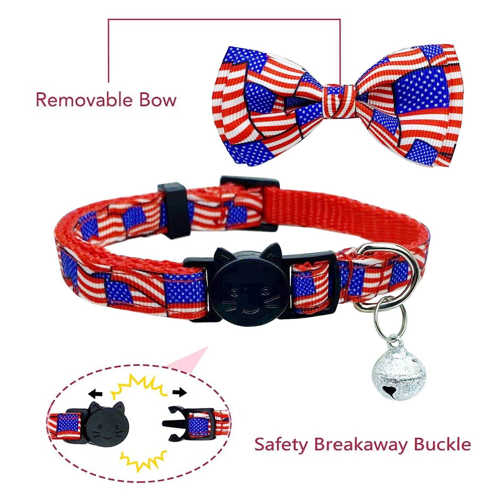 4Th of July Cat Bow Tie Collar with Bell, Independence