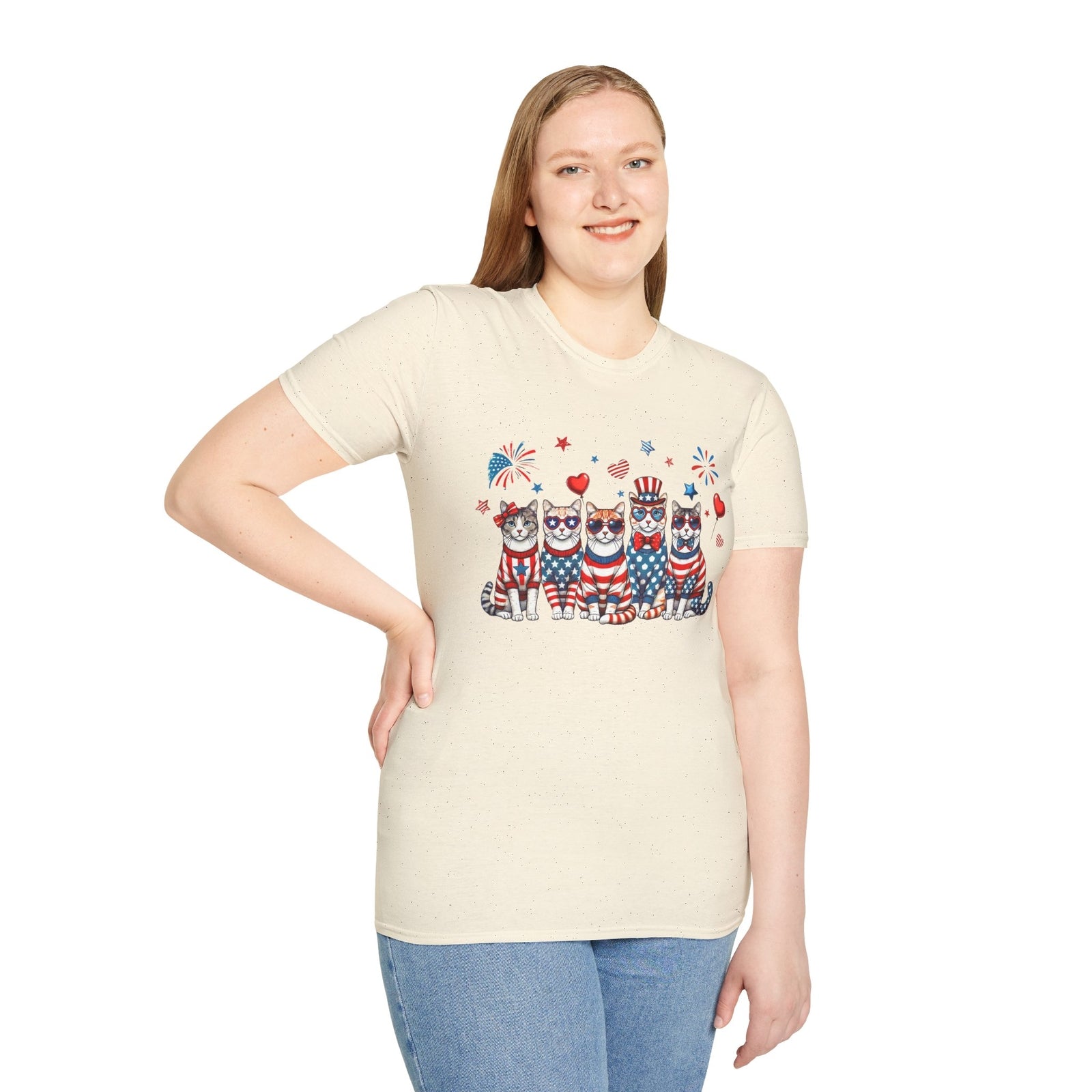 Patriotic Cat Unisex Softstyle T-Shirt for Fourth of July Celebrations