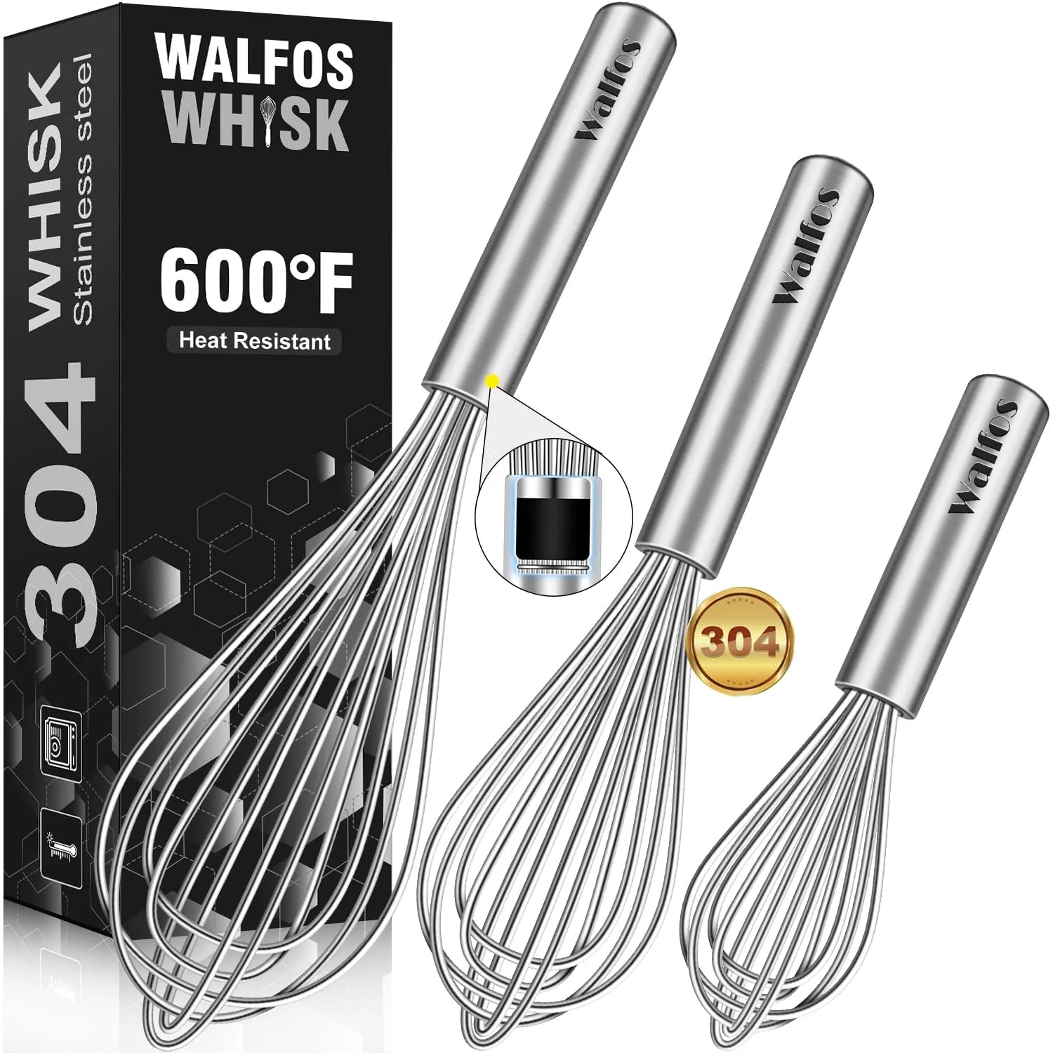 Whisk,304 Stainless Steel Whisk,No-Rust 7+9+11Inch Whisks for Cooking Nice for Blending,Whisking,Beating.Heat Resistant 600°F Dishwasher Safe. Heavy Duty Kitchen Whisk.17.7+22.8+27.9Cm -SILVER