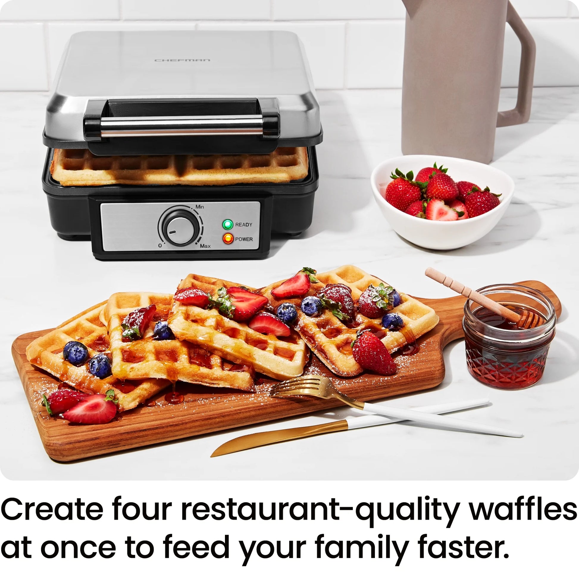 4-Slice Belgian Waffle Maker with Adjustable Temperature and Nonstick Plates - Black