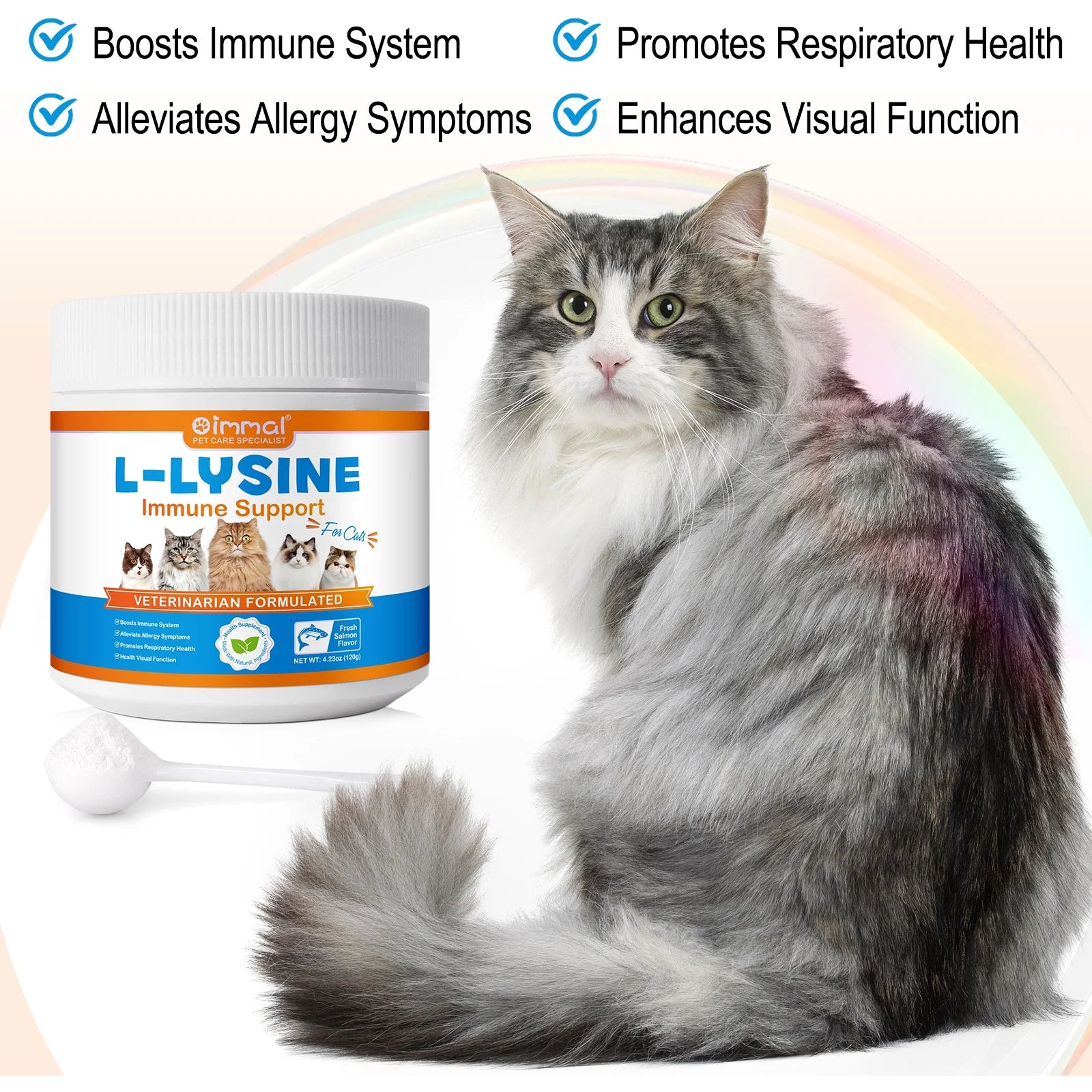 L-Lysine Powder for Cats, Cat L-Lysine Supplement Powder for Sneezing and Runny Nose, Cat Cold, Cat Immune Support, Eye Function & Respiratory Health 120G (Salmon Flavor)