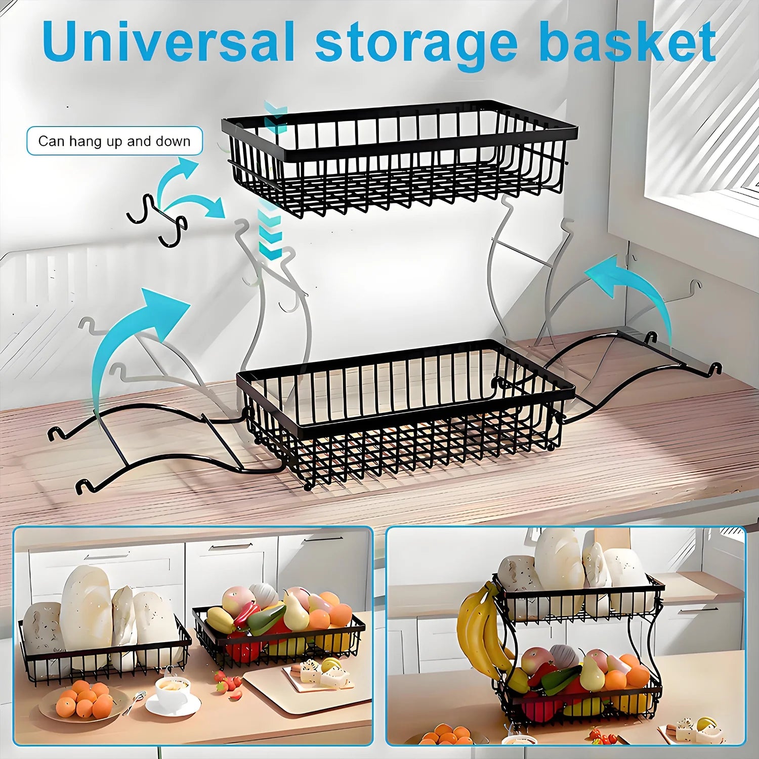2-Tier Countertop Fruit Basket - Black Metal Organizer W/4 Banana Hooks & Knife Holder, 10X3X16In for Kitchen/Dining Room