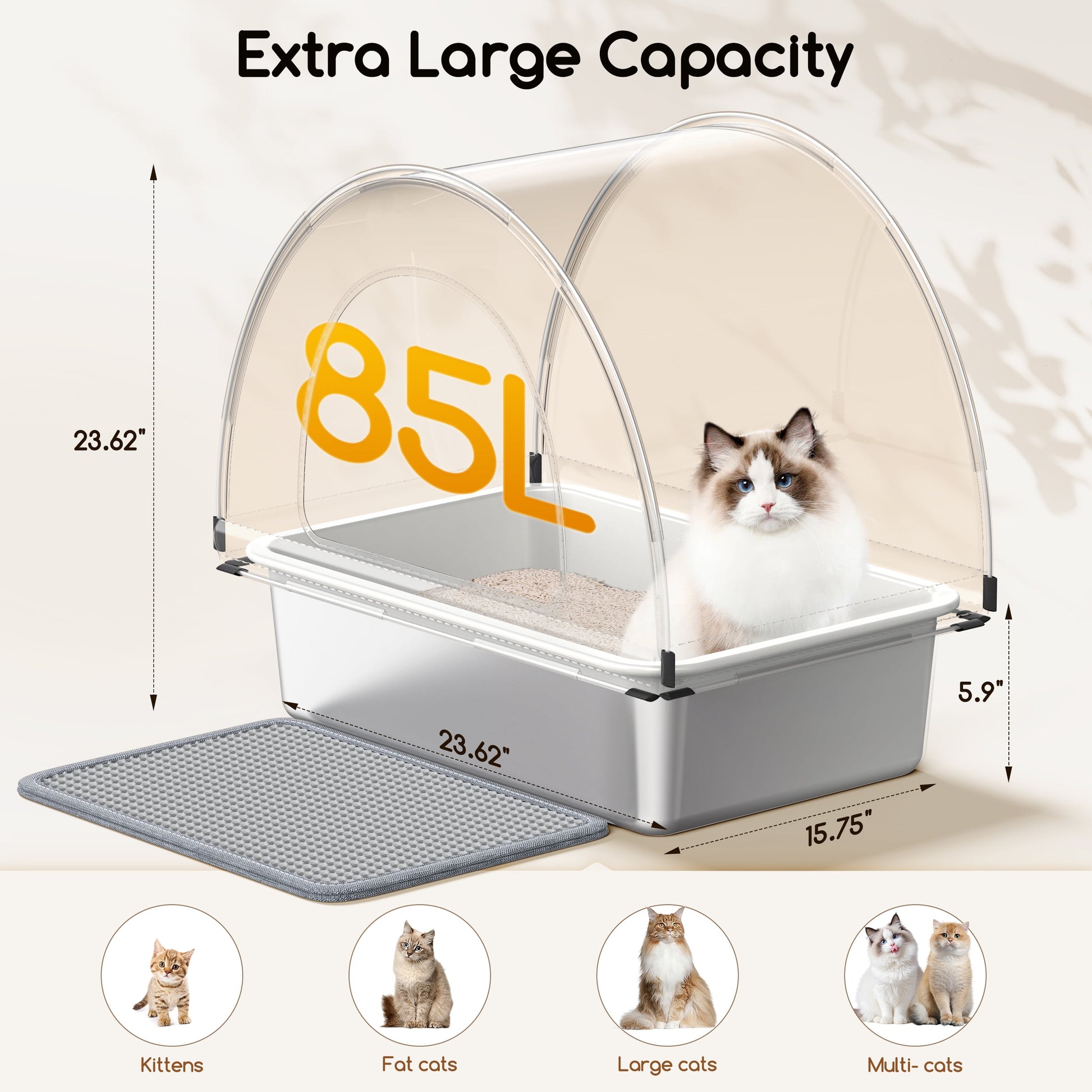 Stainless Steel Cat Litter Box 85L, Tent Cover&Telescopic Shovel,Extra Large Enclosed Cat Litter Box