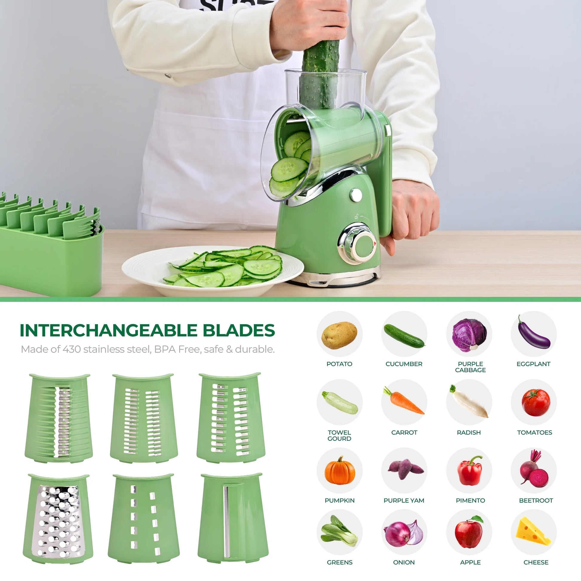 Rotary Cheese Grater with Handle, Vegetable Slicer with 6 Interchangeable Blades, Reinforced Suction, Easy to Clean, Blade Storage Case, Kitchen Shredder for Crushed Ice, Fruits and Nuts