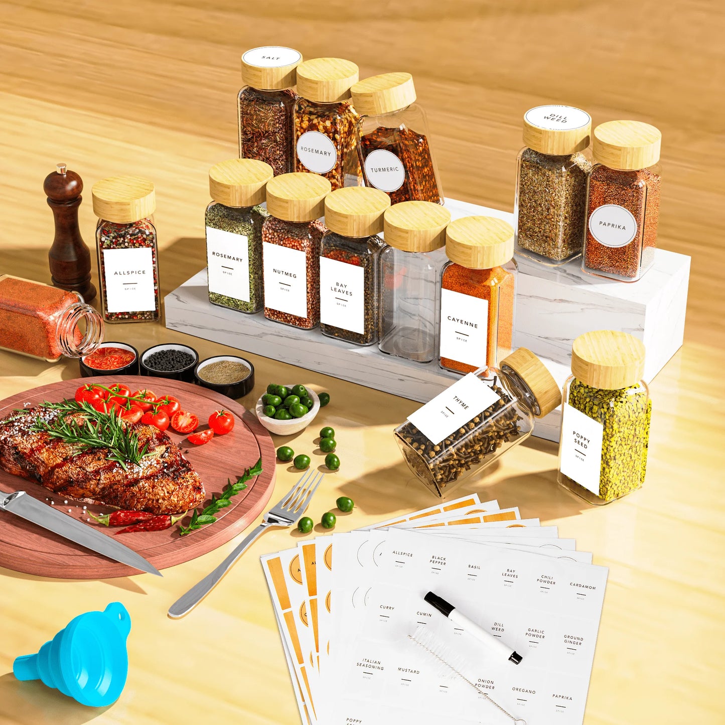 24 Pack Glass Spice Jar,Bamboo Lid Glass Spice Jars, Kitchen Spice Storage Jar, Spice Storage Jar,Kitchen Food Storage Tanks,Preprinted Spice Labels,Kitchen Organizer