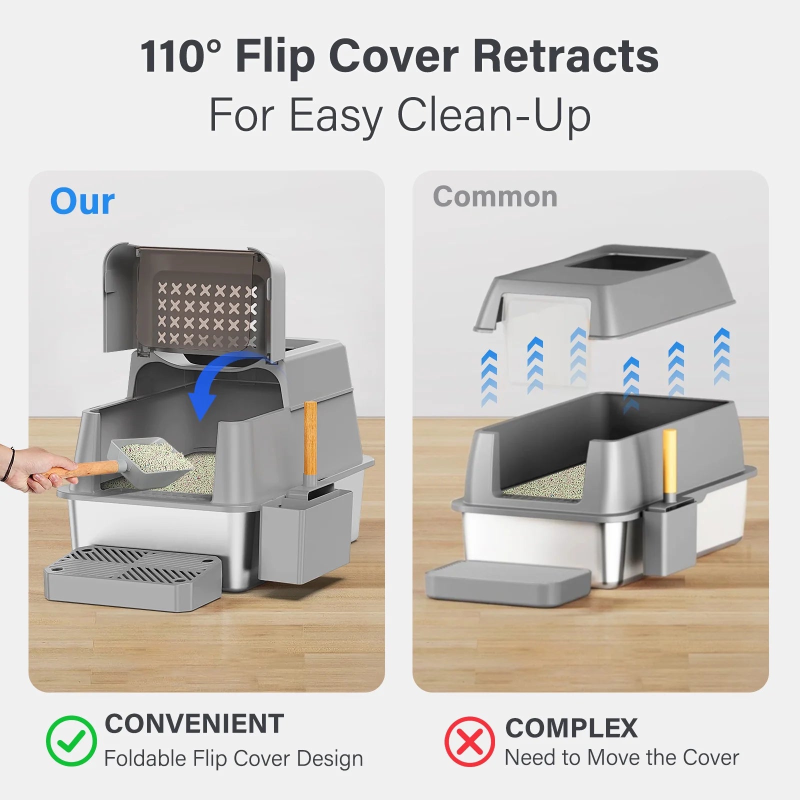 XL Stainless Steel High-Sided Cat Litter Box with Plastic Trays, Scoop, Storage Box, Filter Pedal, Gray